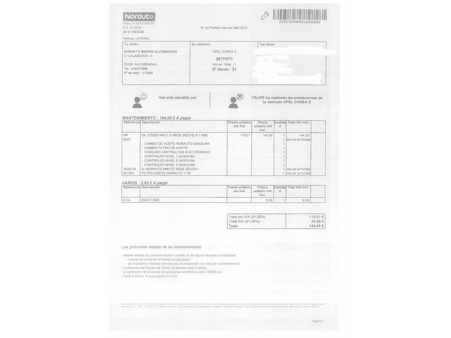 Foto del mantenimiento del Opel Corsa Opel Corsa 1.4 Selective (90 CV)