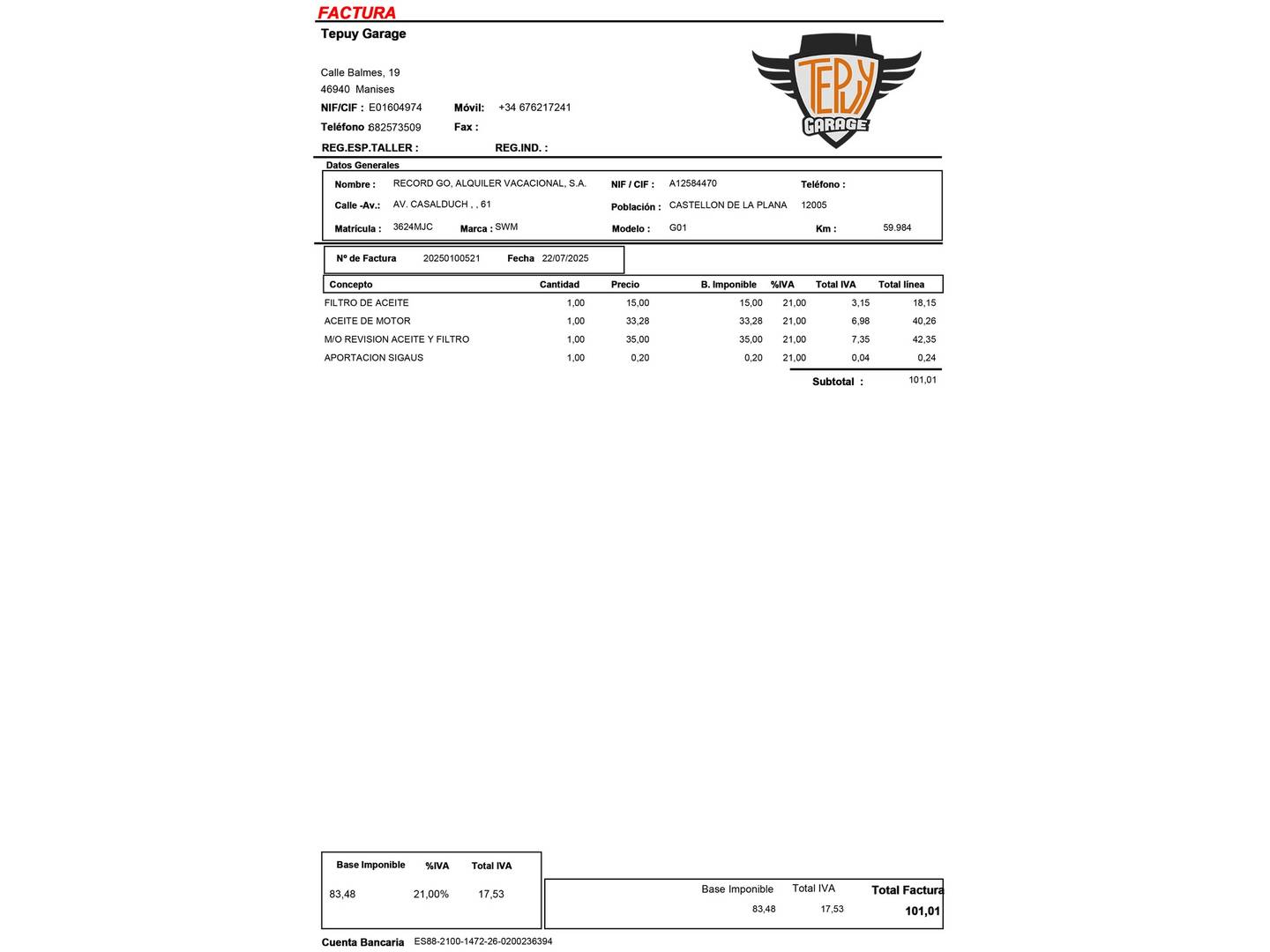 Foto del mantenimiento del SWM G01 SWM G01 1.5T Luxury (131 CV)