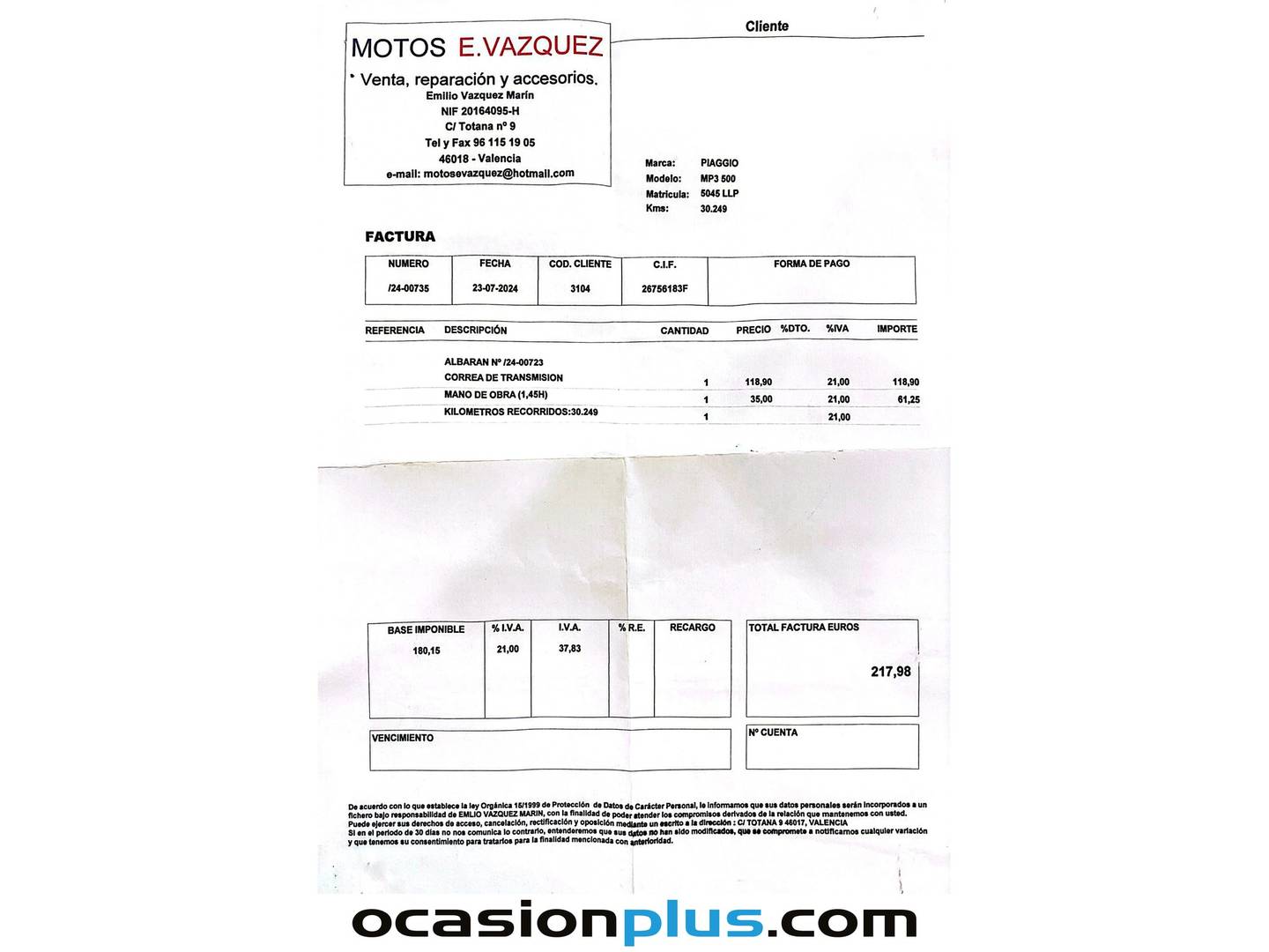 Foto del mantenimiento del Piaggio MP3 LT 500 Business Piaggio MP3 LT 500 Business MP3 500 HPE (45 CV)