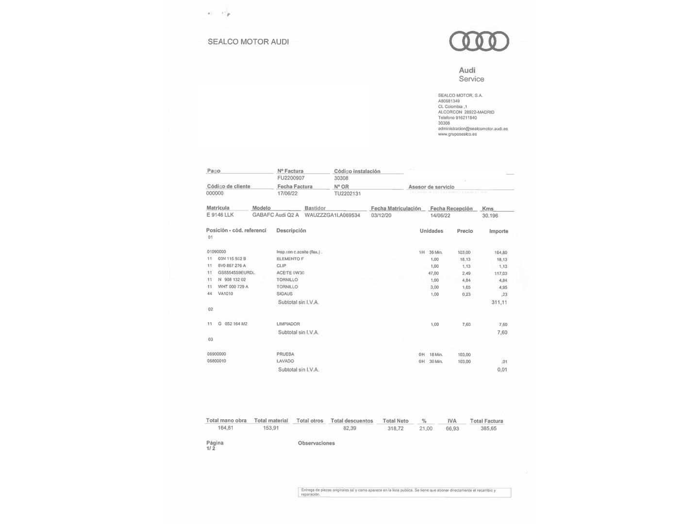 Foto del mantenimiento del Audi Q2 Audi Q2 Advanced 30 TDI (116 CV)