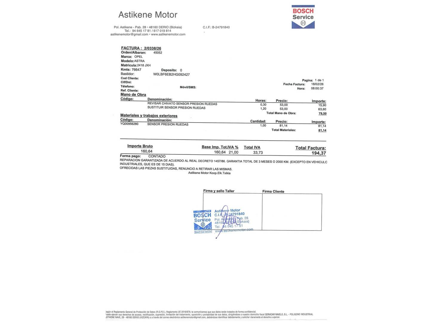 Foto del mantenimiento del Opel Astra Opel Astra 1.4 Turbo S&S Dynamic (125 CV)
