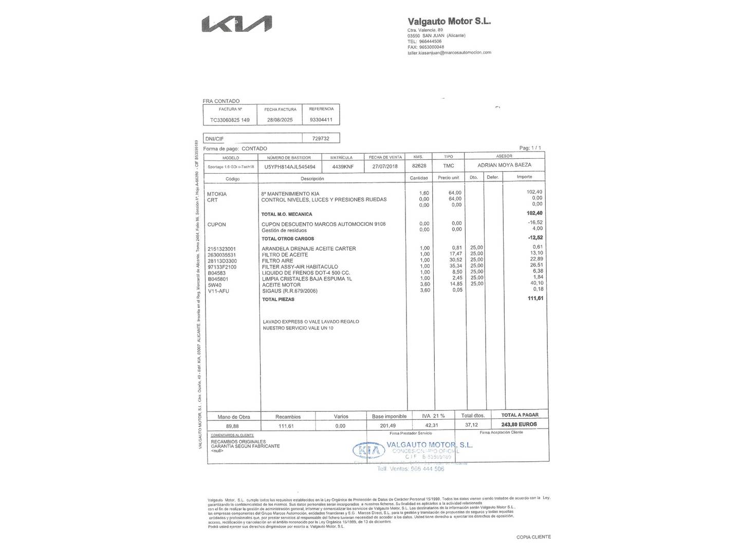 Foto del mantenimiento del KIA Sportage KIA Sportage 1.6 GDi x-Tech18 4x2 (132 CV)