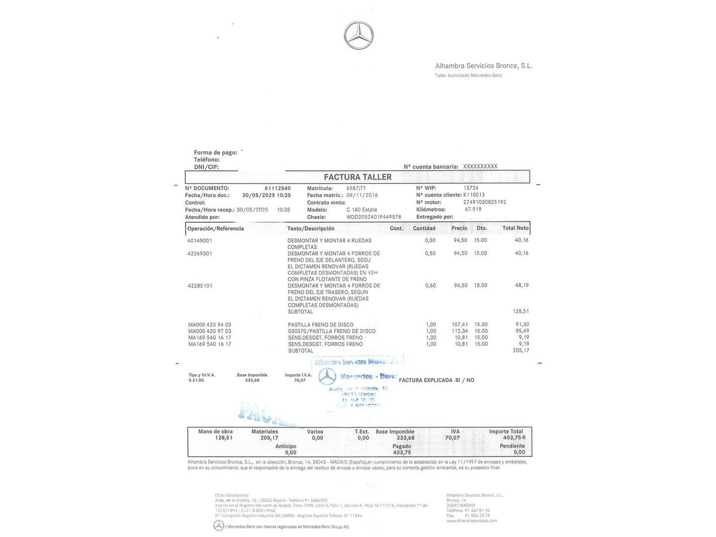 Foto del mantenimiento del Mercedes Clase C Mercedes Clase C Estate 180 (156 CV)
