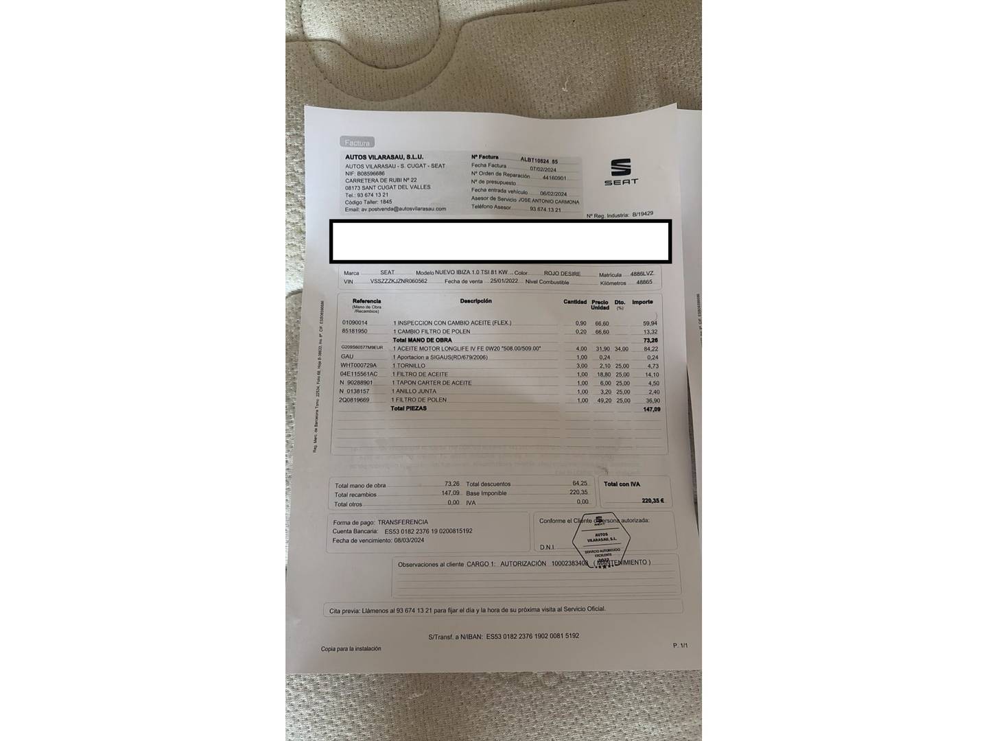 Foto del mantenimiento del Seat Ibiza Seat Ibiza 1.0 TSI FR Plus (110 CV)