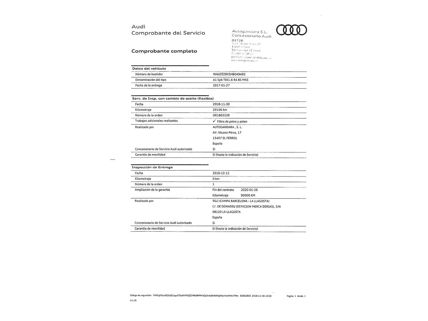 Foto del mantenimiento del Audi A1 Audi A1 Sportback Attraction 1.6 TDI (116 CV)