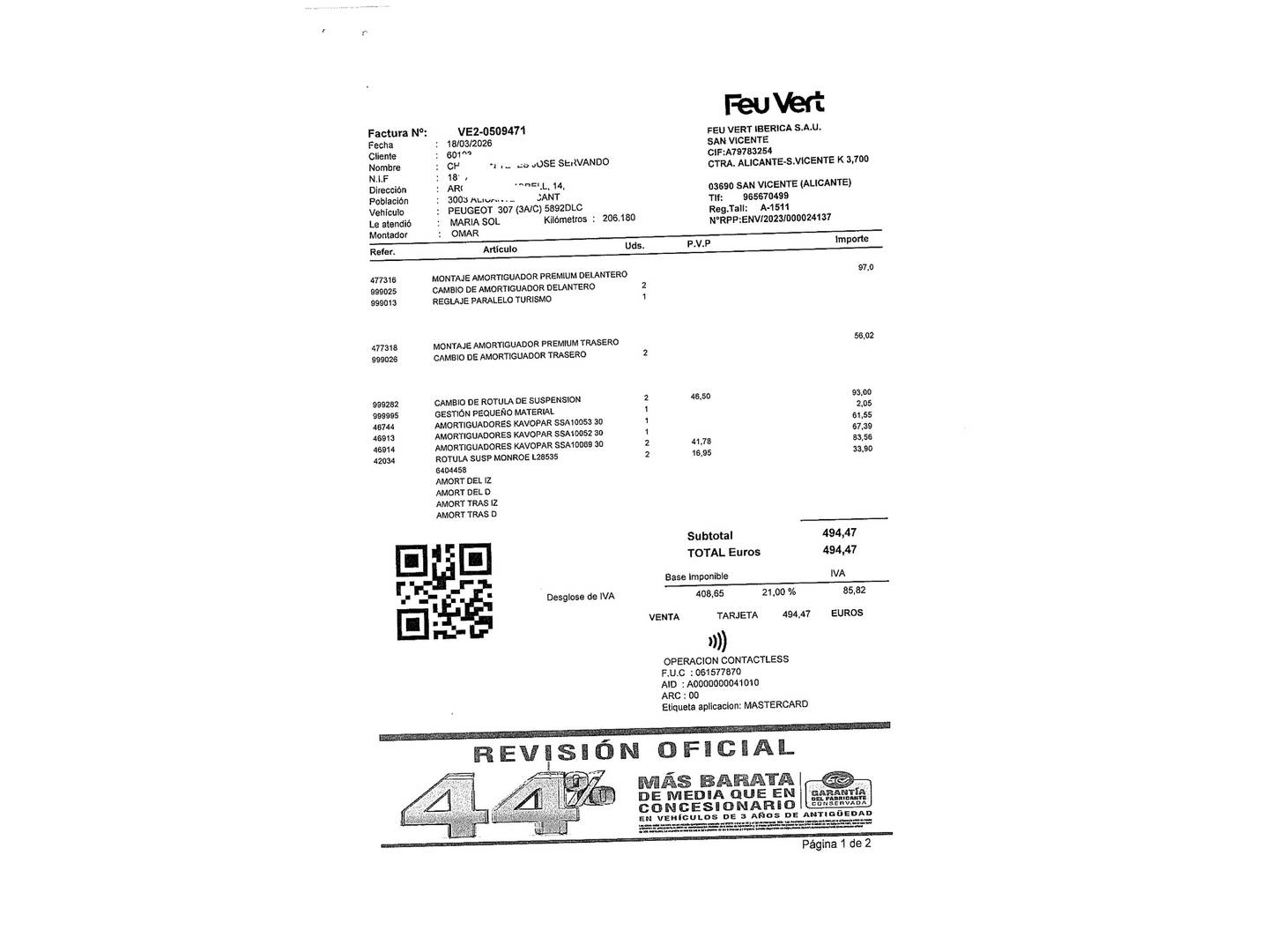 Foto del mantenimiento del Peugeot 307 Peugeot 307 1.6 HDI X-Line (110 CV)