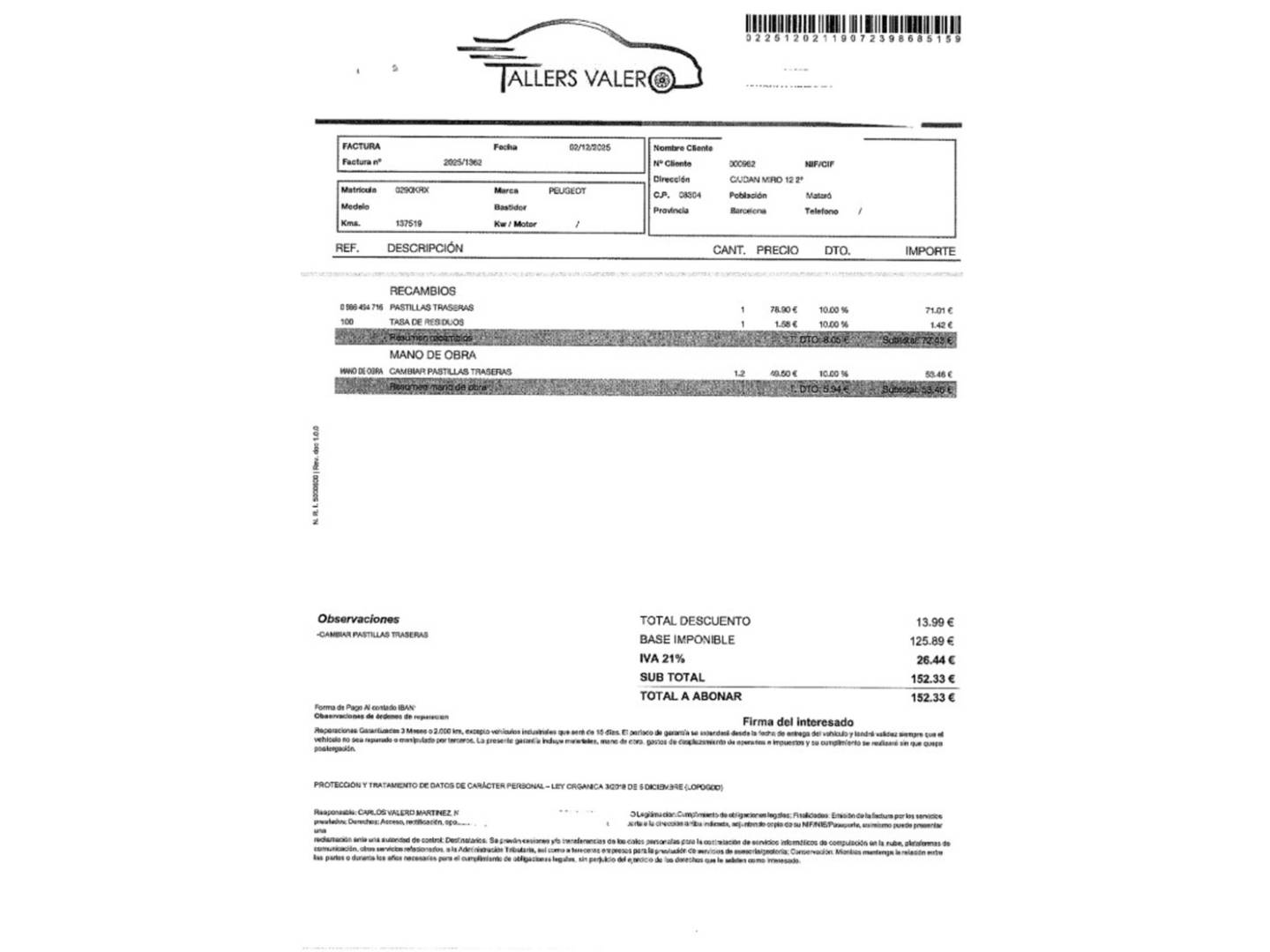 Foto del mantenimiento del Peugeot Rifter Peugeot Rifter BlueHDi 130 GT Line Standard EAT8 9 (130 CV)