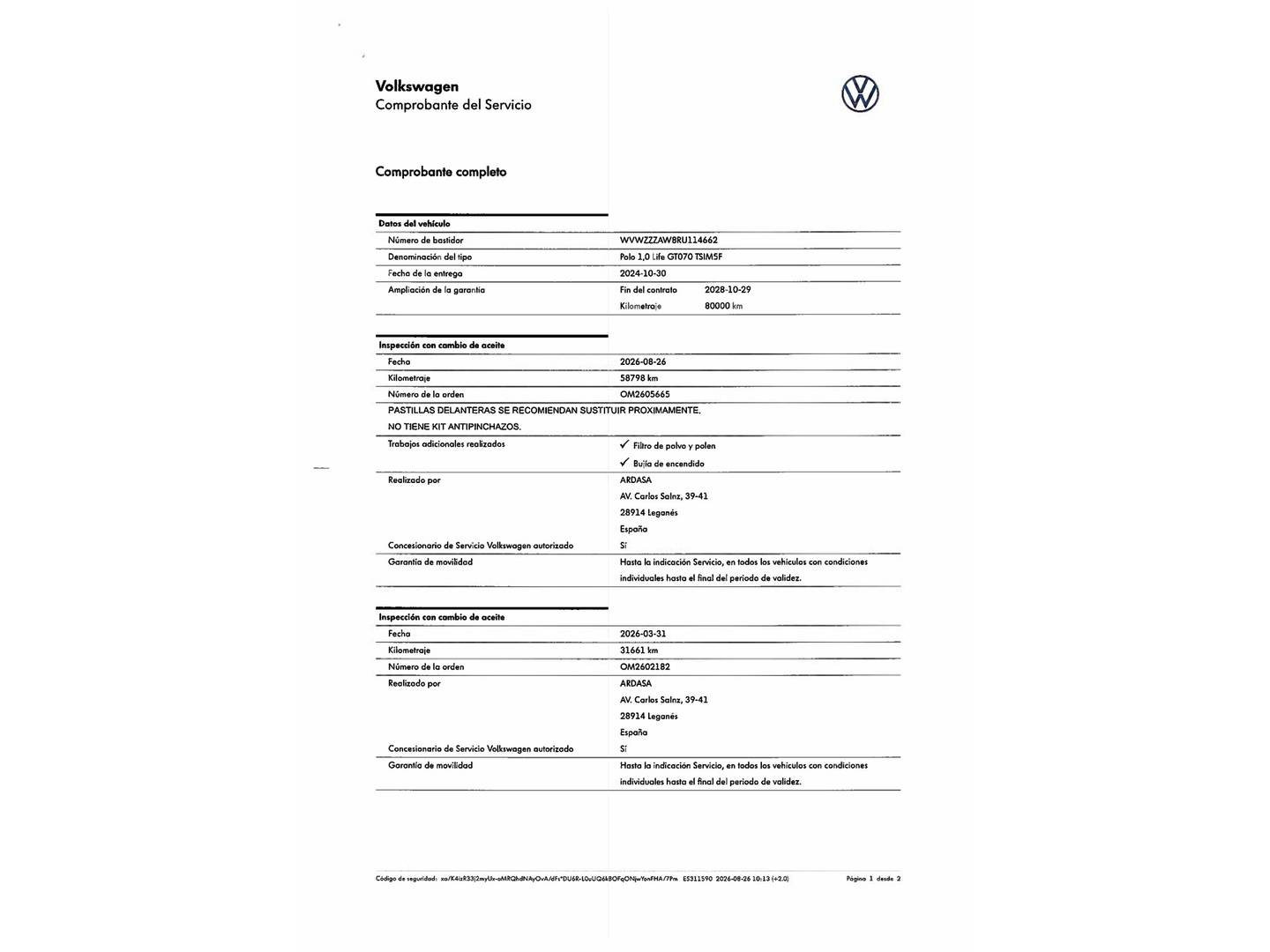 Foto del mantenimiento del Volkswagen Polo Volkswagen Polo Volkswagen Polo ``Más`` 1.0 TSI  (95 CV)