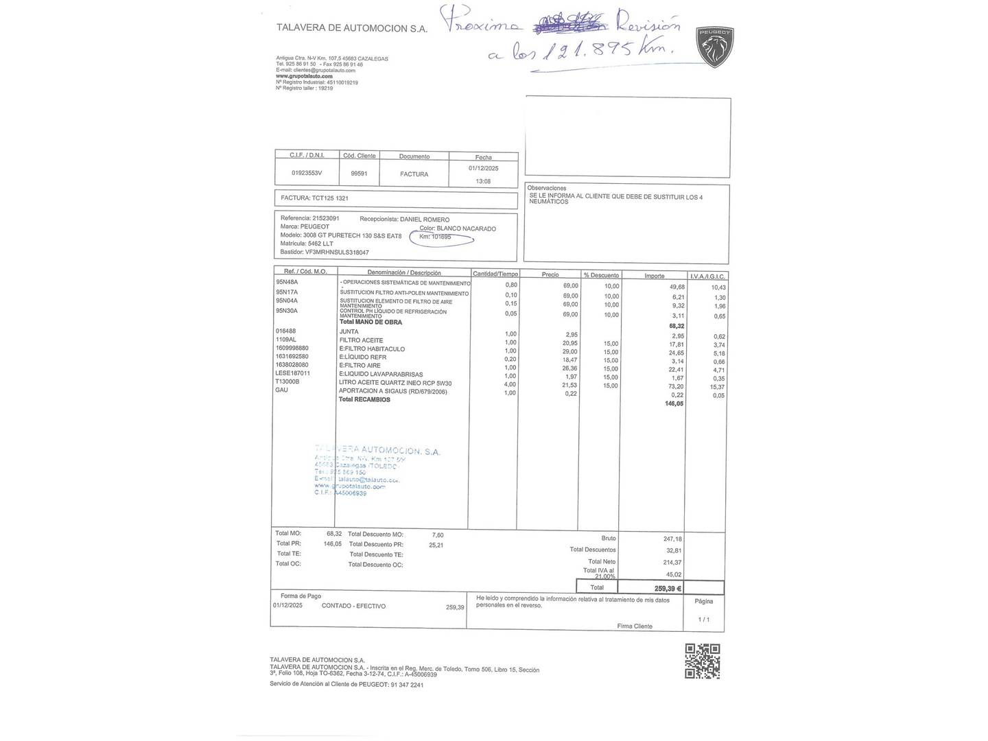 Foto del mantenimiento del Peugeot 3008 Peugeot 3008 PureTech 130 S&S GT EAT8 (130 CV)