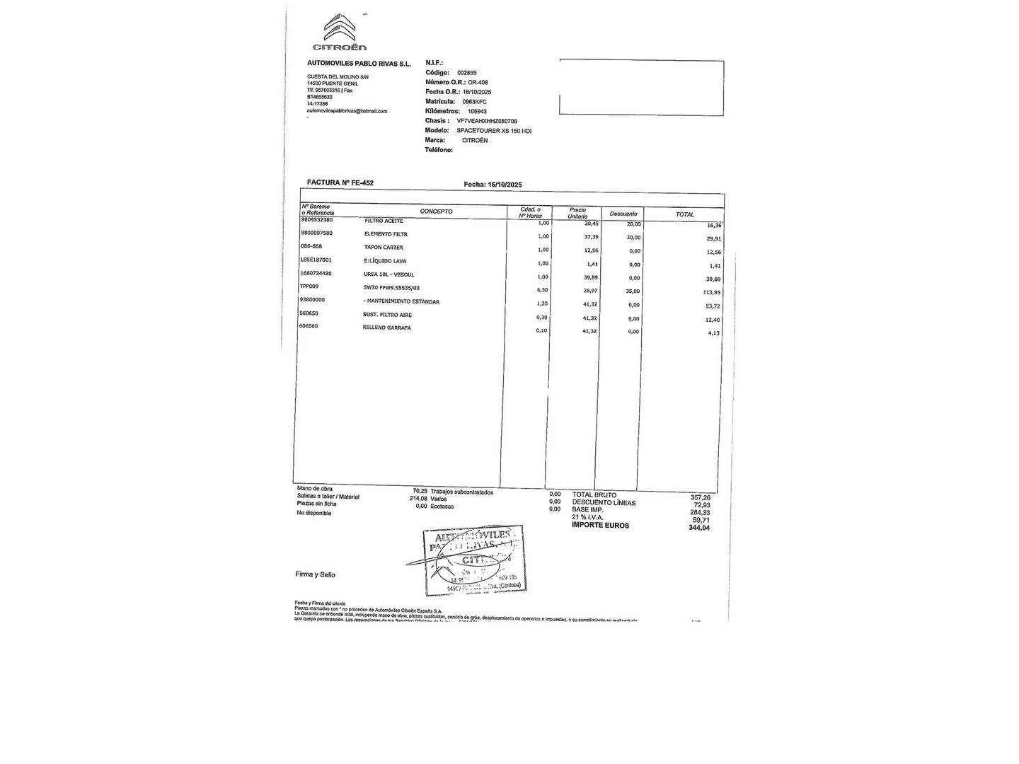 Foto del mantenimiento del Citroën Spacetourer Citroën Spacetourer BlueHDi 150 Talla XS Business (150 CV) 8 plazas