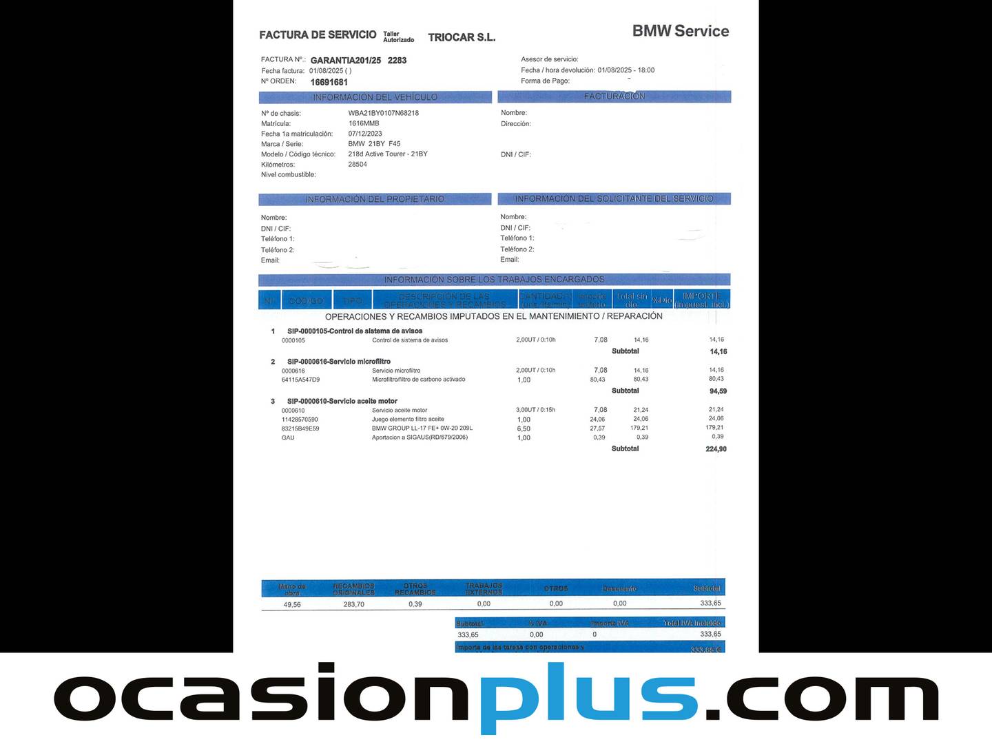 Foto del mantenimiento del BMW Serie 2 Active Tourer BMW Serie 2 218d Active Tourer (150 CV)