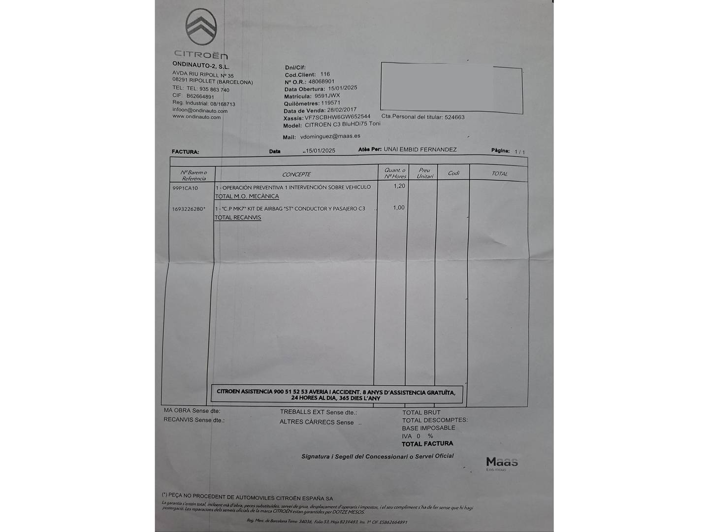 Foto del mantenimiento del Citroën C3 Citroën C3 BlueHDi 75 Tonic (75 CV)