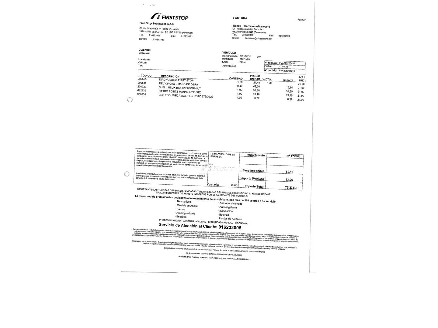 Foto del mantenimiento del Peugeot 207 Peugeot 207 1.4 VTi Active (95 CV)