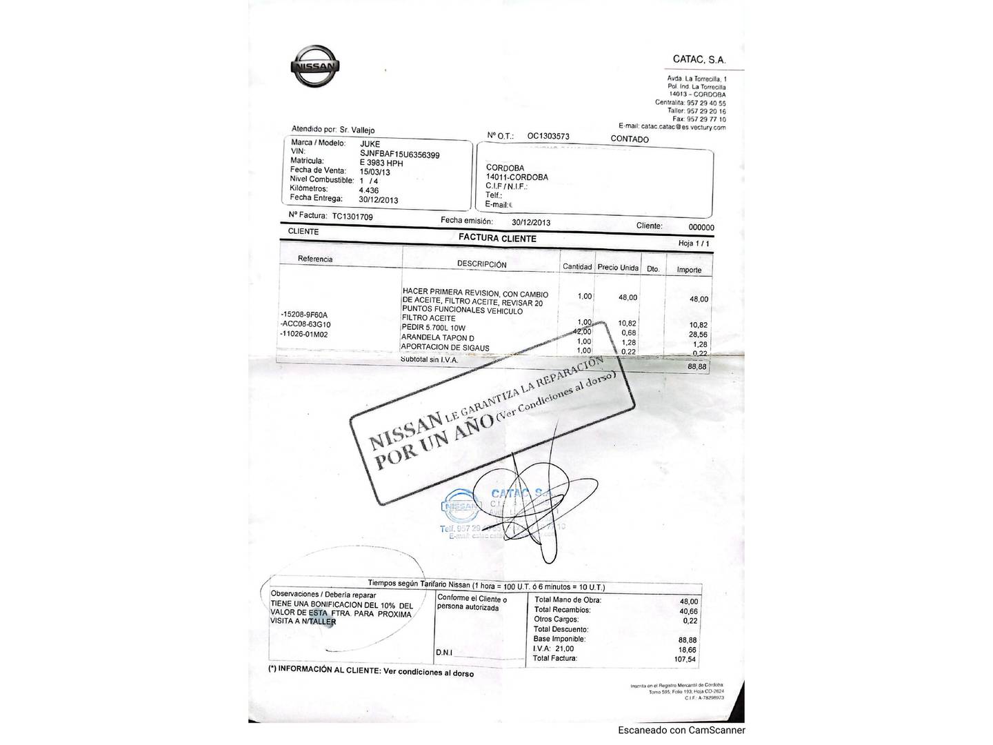 Foto del mantenimiento del Nissan JUKE Nissan Juke 1.6 Acenta CVT 4X2  (117 CV)