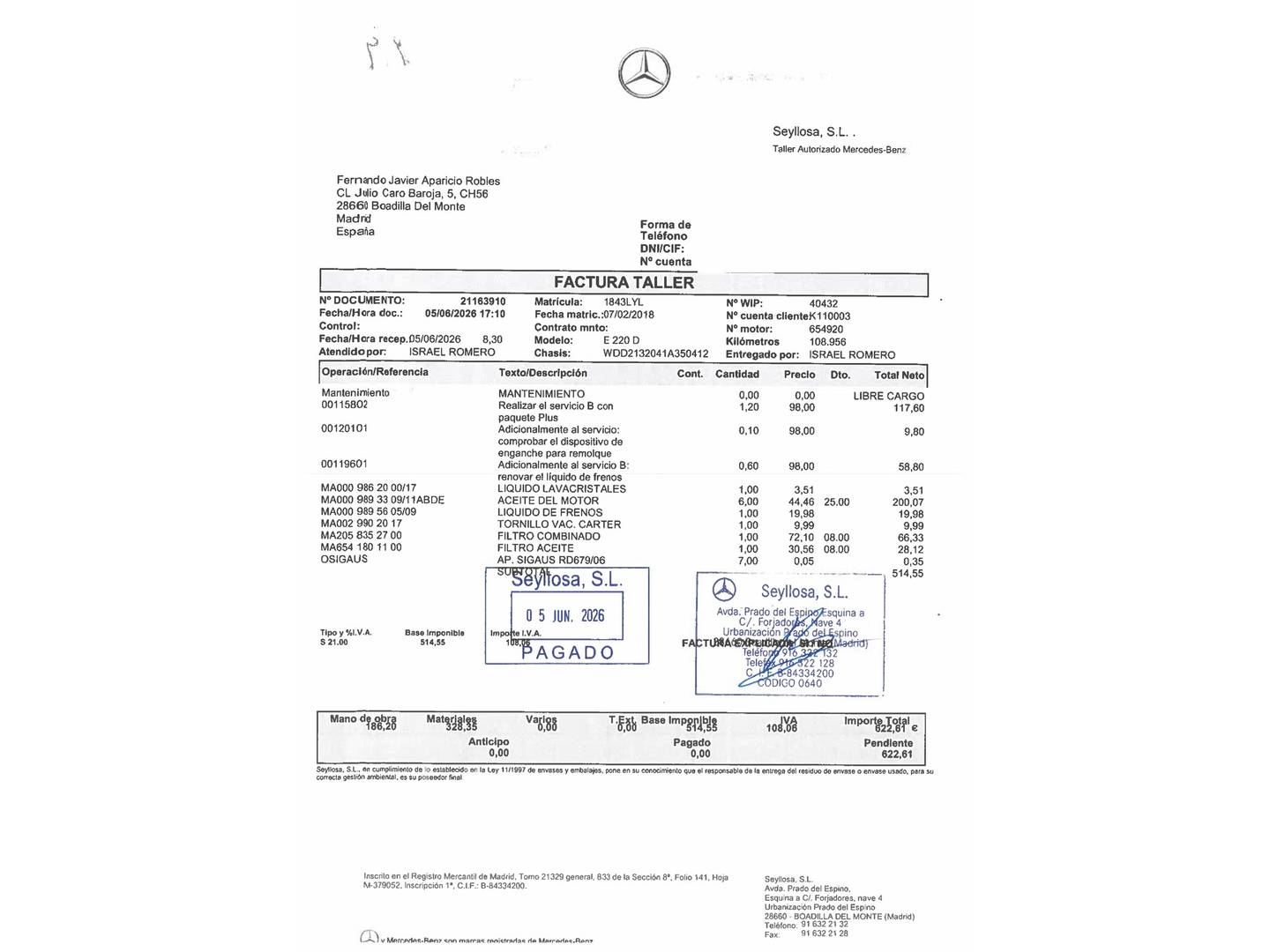 Foto del mantenimiento del Mercedes Clase E Mercedes Clase E E 220 d Estate (194 CV)