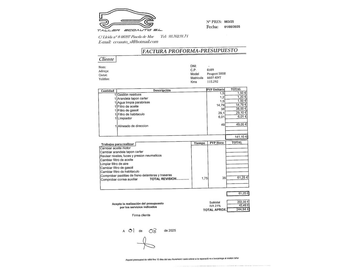 Foto del mantenimiento del Peugeot 5008 Peugeot 5008 BlueHDI 130 Active S&S (130 CV) 7 Plazas