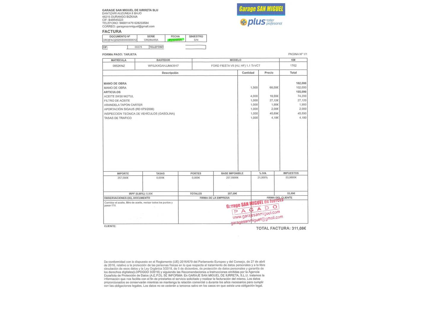 Foto del mantenimiento del Ford Fiesta Ford Fiesta 1.1 Ti-VCT Trend+ (85 CV)