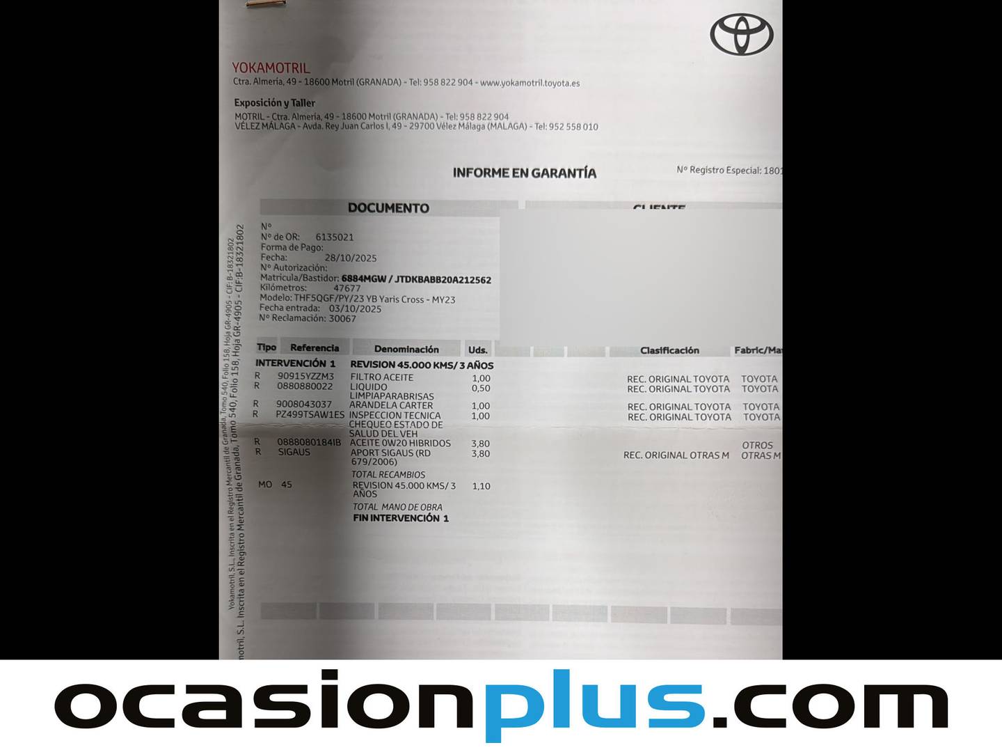 Foto del mantenimiento del Toyota Yaris Cross Toyota Yaris Cross 120H Style (116 CV)