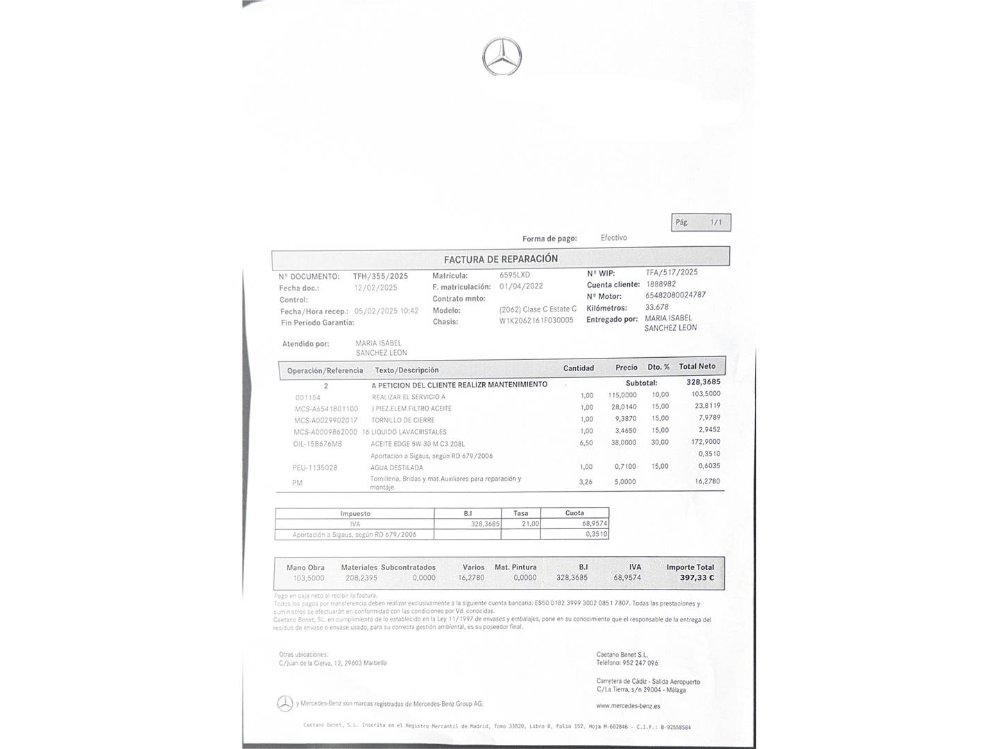Foto del mantenimiento del Mercedes Clase C Mercedes Clase C C Estate 220 d (200 CV) Pack AMG