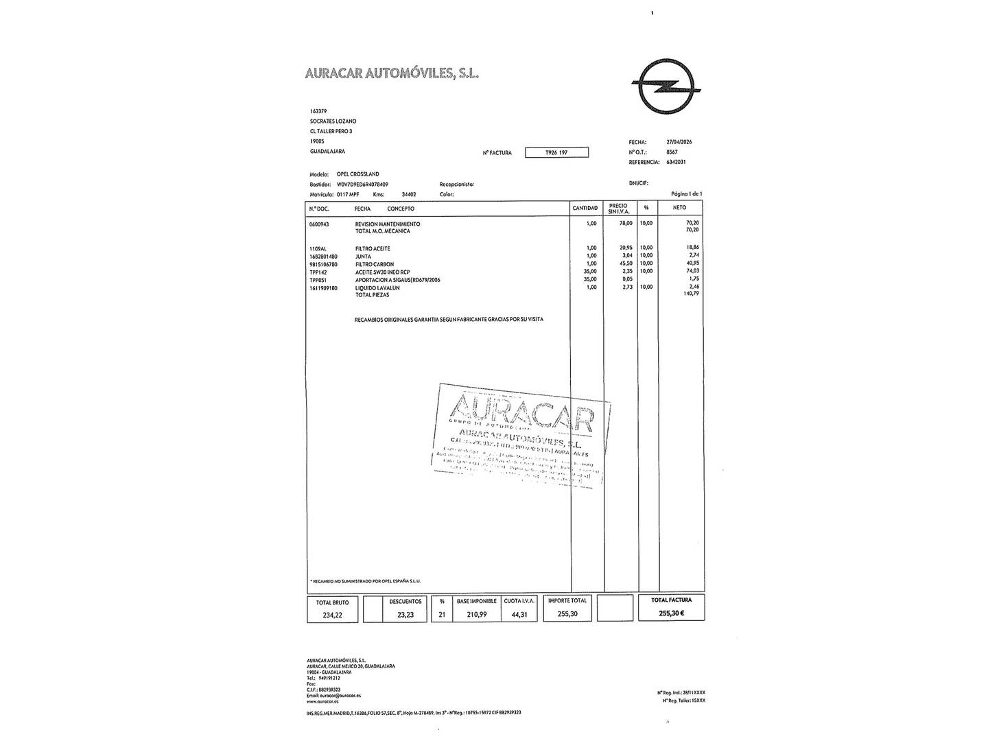 Foto del mantenimiento del Opel Crossland Opel Crossland 1.2 Elegance Pack (110 CV)