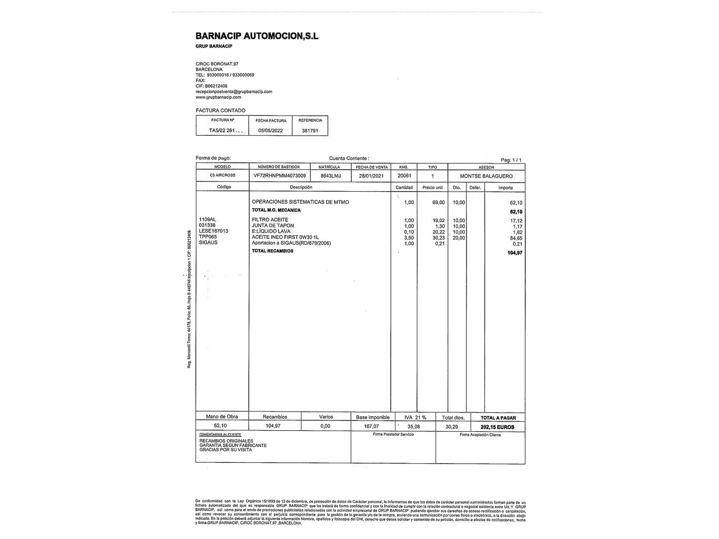 Foto del mantenimiento del Citroën C3 Aircross Citroën C3 Aircross PureTech 110 S&S Feel Pack (110 CV)