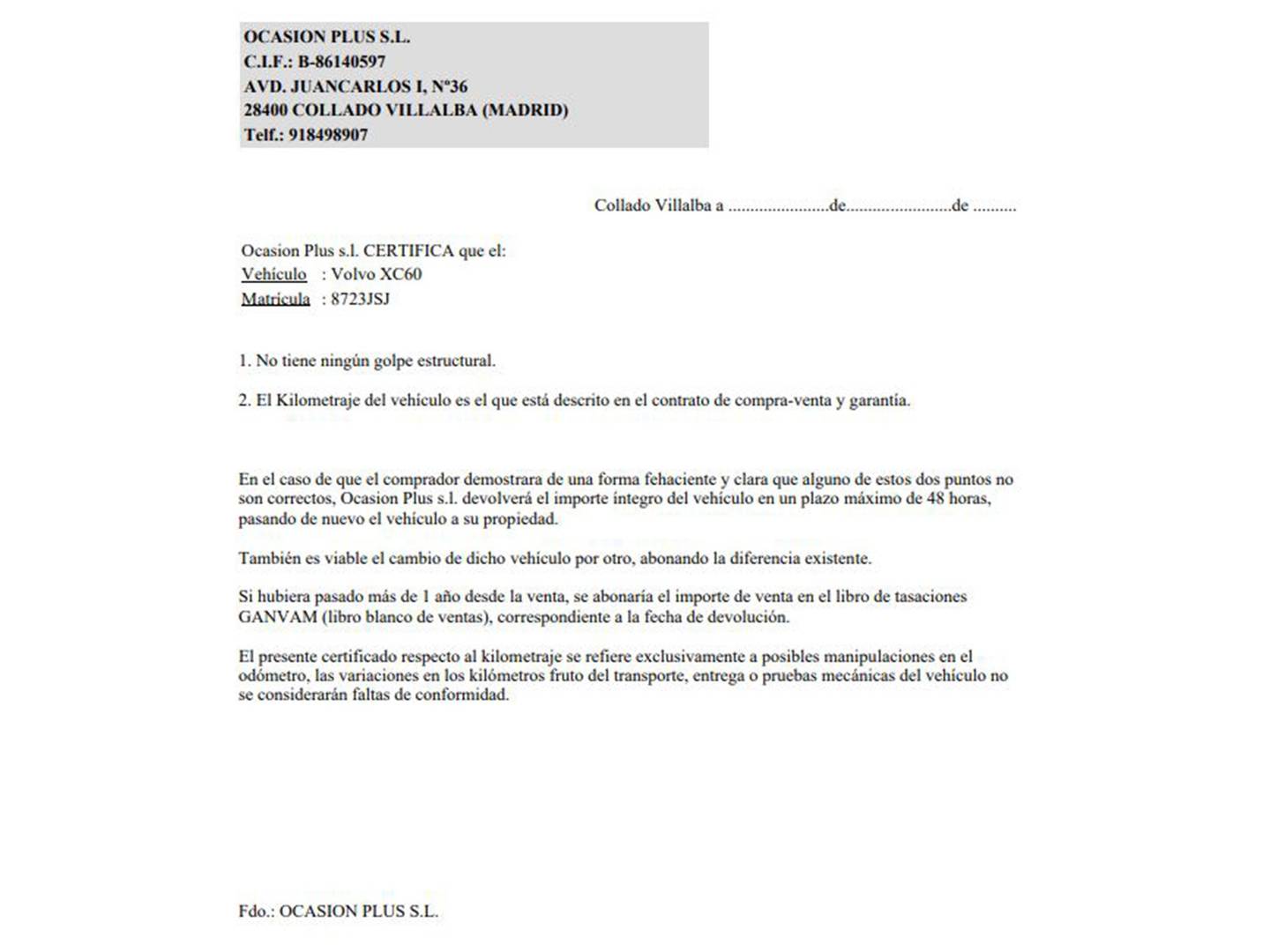 Foto del certificado del Volvo XC60 Volvo XC60 D3 Kinetic (150 CV)