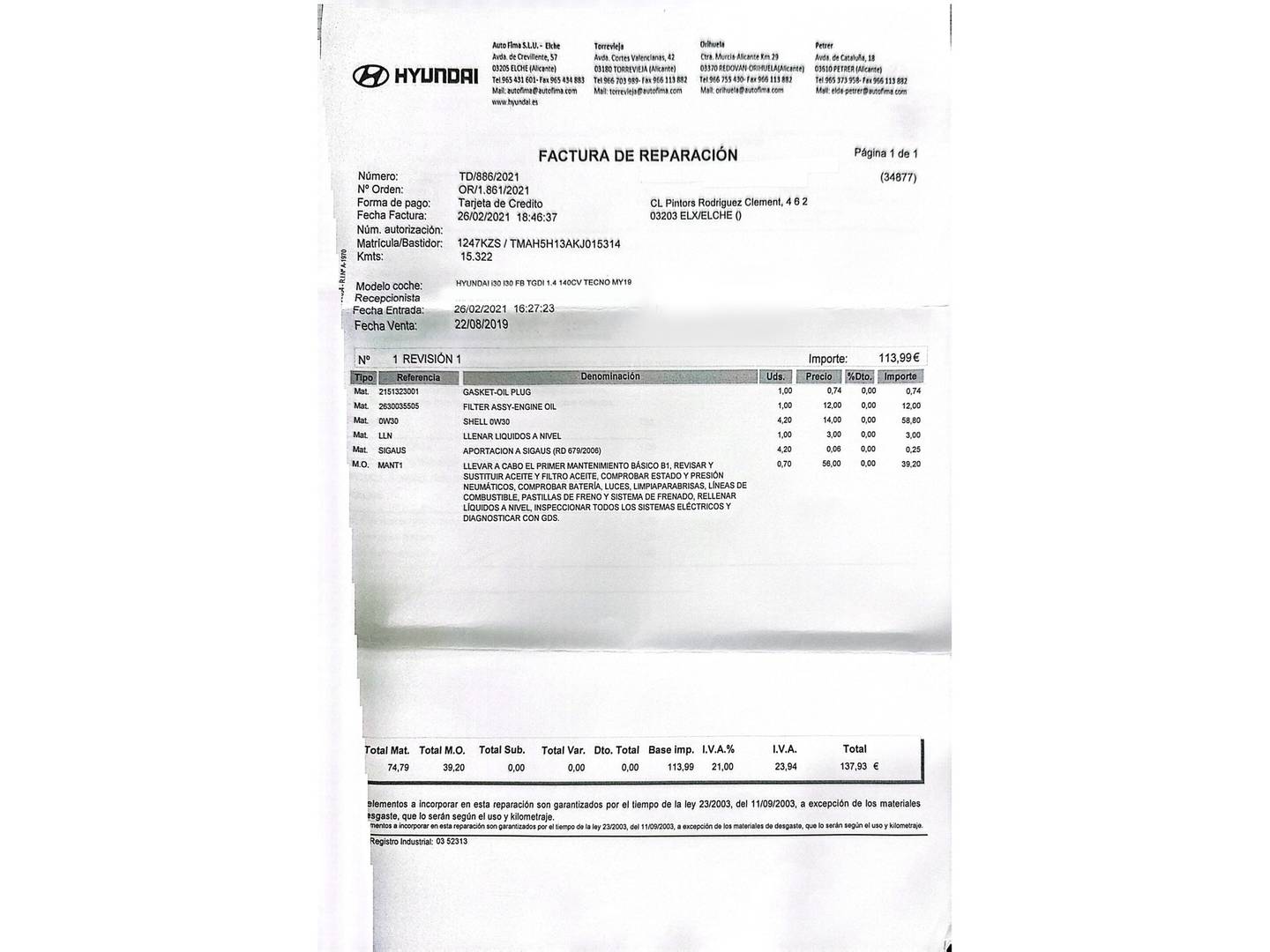 Foto del mantenimiento del Hyundai i30 Hyundai i30 Fastback 1.4 TGDI Tecno (140 CV)