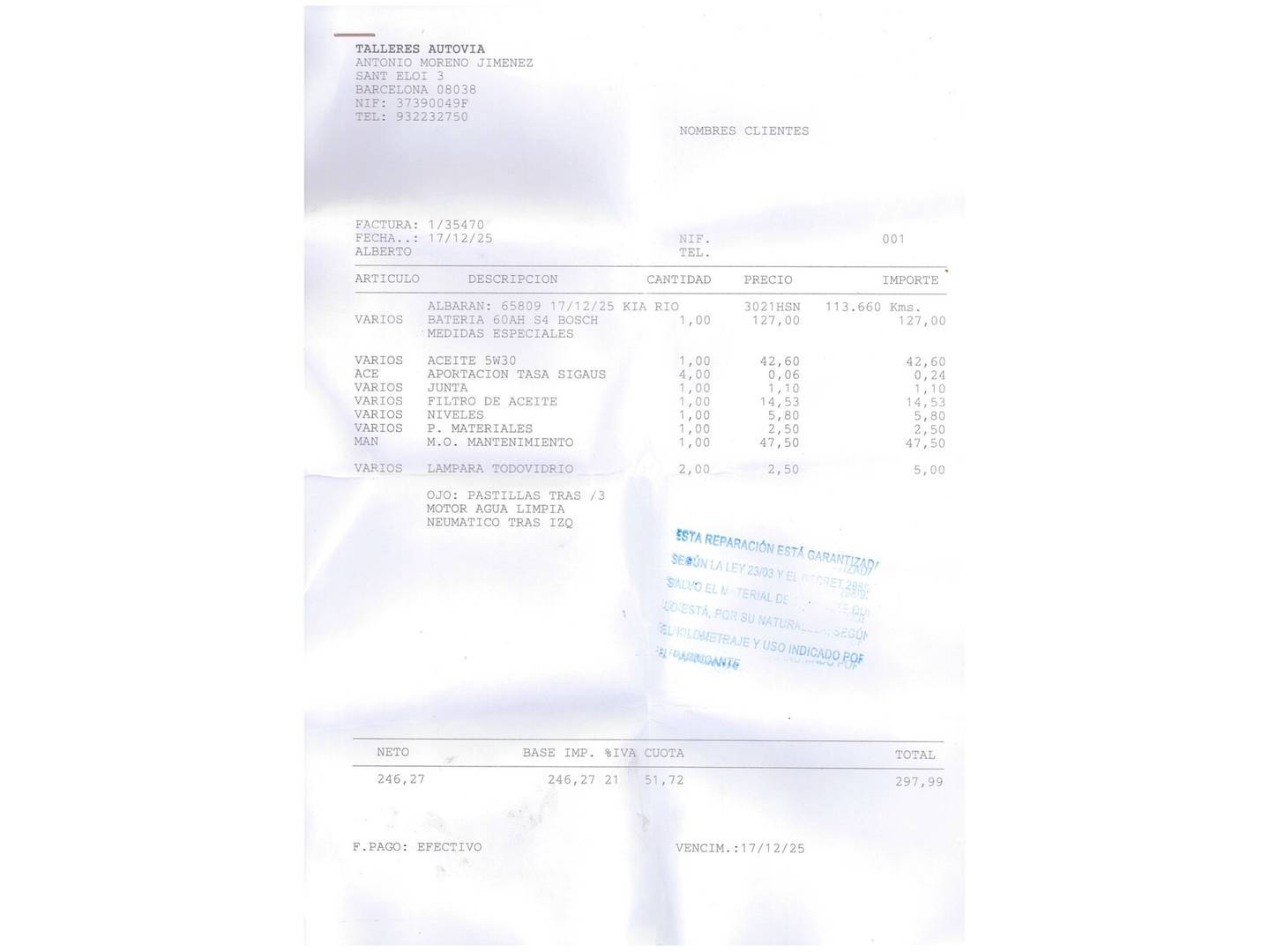 Foto del mantenimiento del KIA Rio Kia Rio 1.2 CVVT Drive (85 CV)