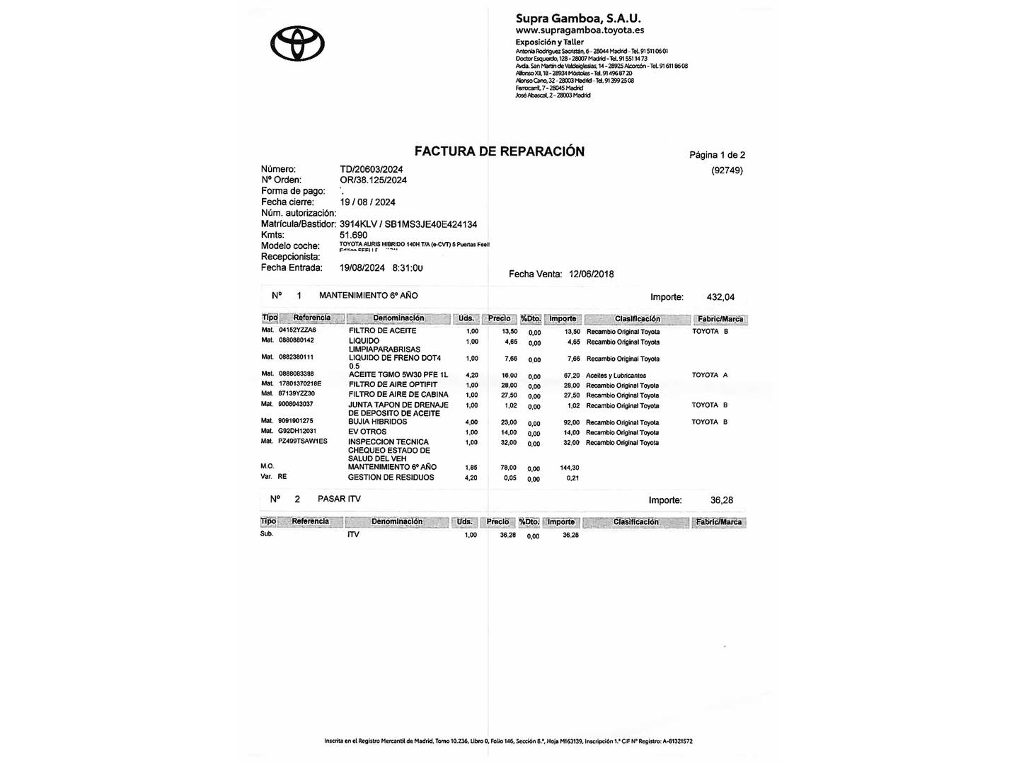 Foto del mantenimiento del Toyota Auris Toyota Auris 140H Hybrid Feel! Edition (136 CV)