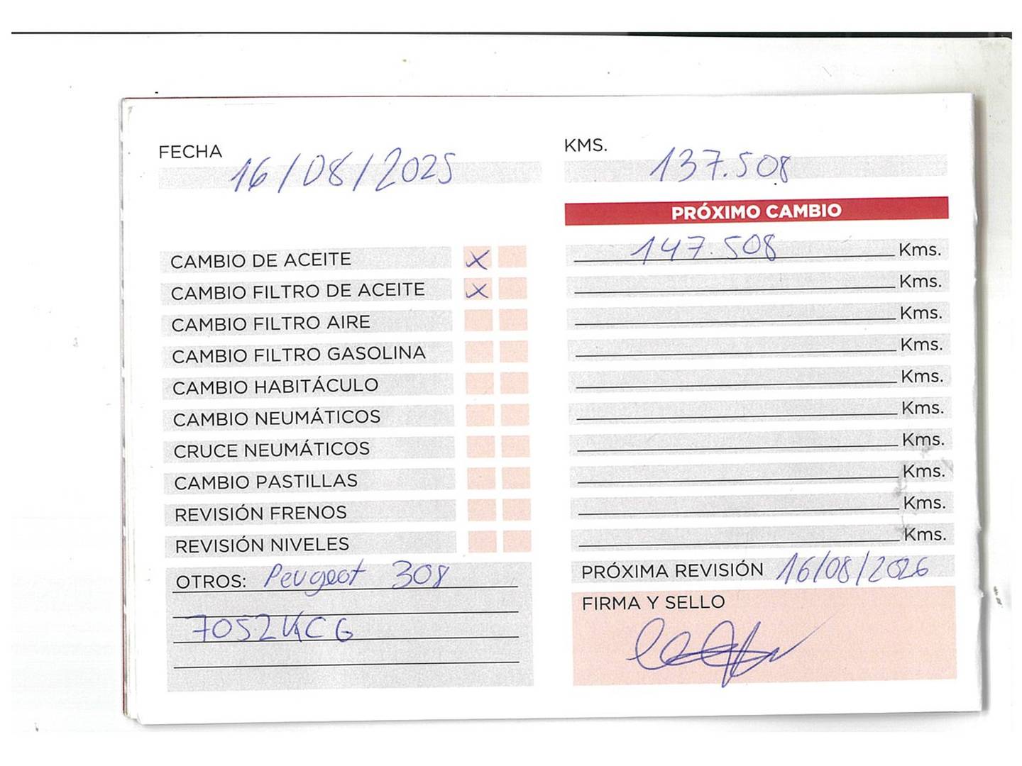 Foto del mantenimiento del Peugeot 308 Peugeot 308 BlueHDI 120 Allure (120 CV)