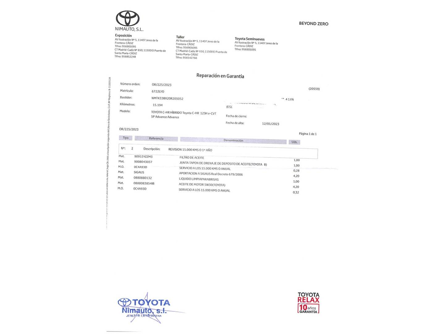 Foto del mantenimiento del Toyota C-HR Toyota C-HR 1.8 125H Advance (122 CV)