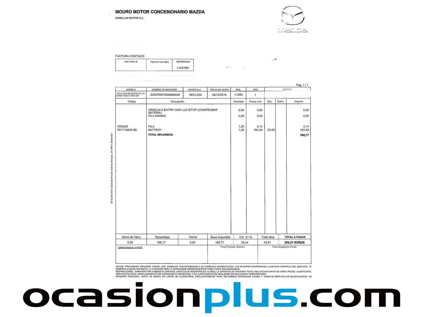 Foto del mantenimiento del Mazda CX-5 Mazda CX-5 2.0 G Origin 2WD (165 CV)