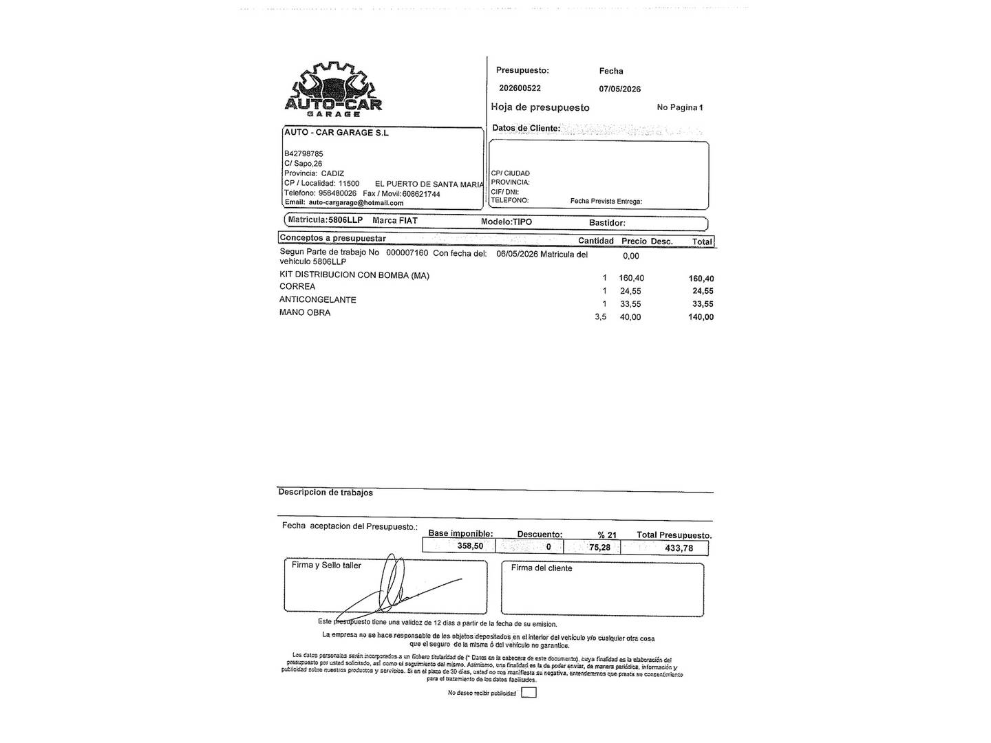 Foto del certificado del Fiat Tipo Fiat Tipo SW 1.4 T-Jet Lounge (120 CV)