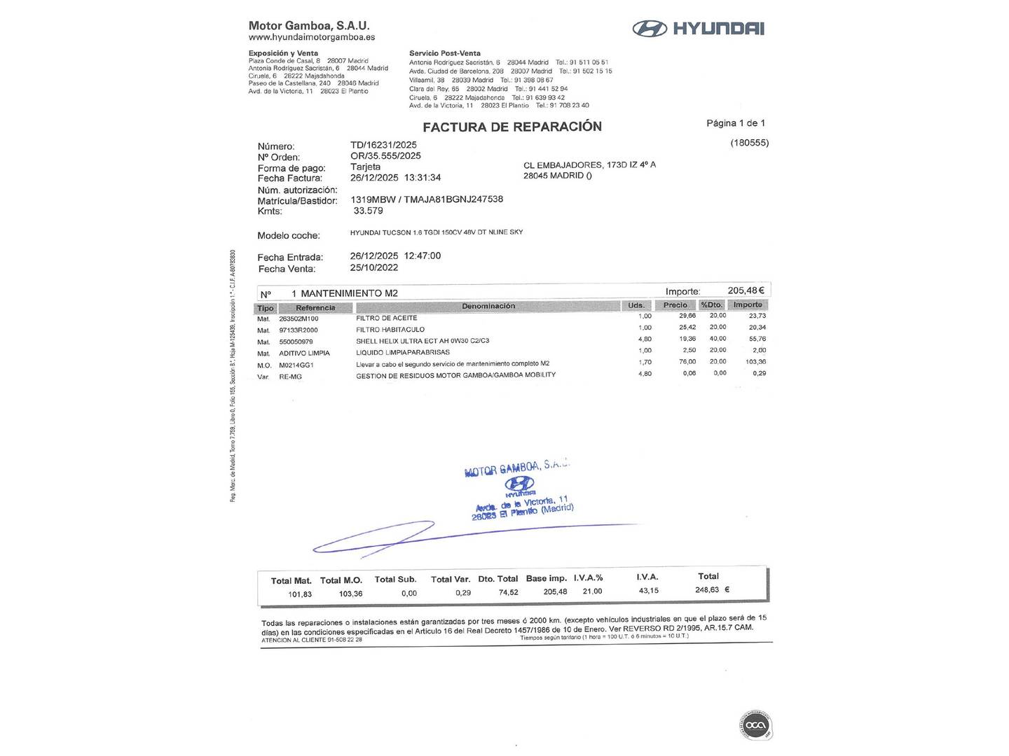 Foto del mantenimiento del Hyundai Tucson Hyundai Tucson 1.6 TGDI 48V N-Line Sky DC (150 CV)