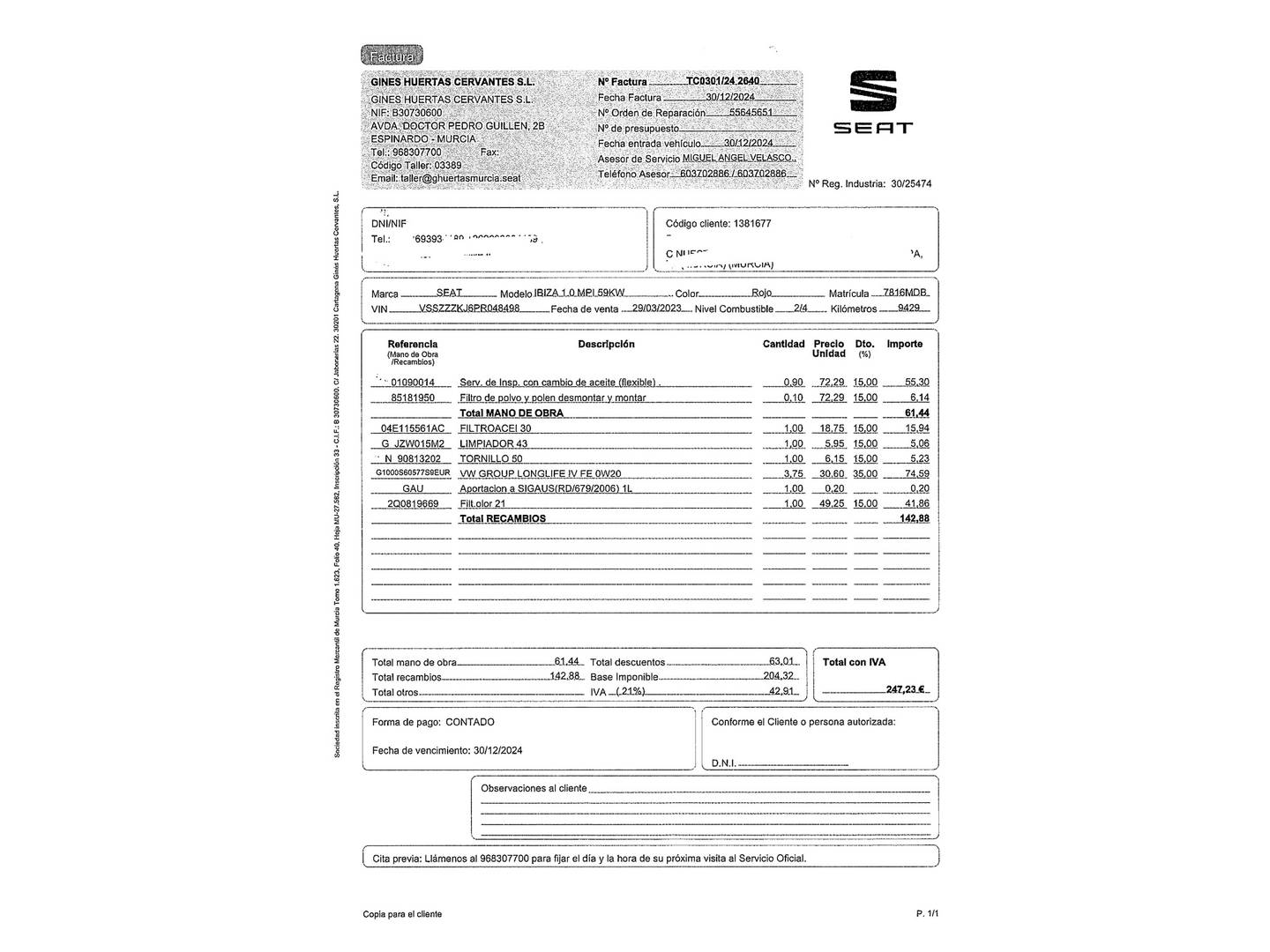 Foto del mantenimiento del Seat Ibiza Seat Ibiza 1.0 MPI S&S Reference XM Edition (80 CV)