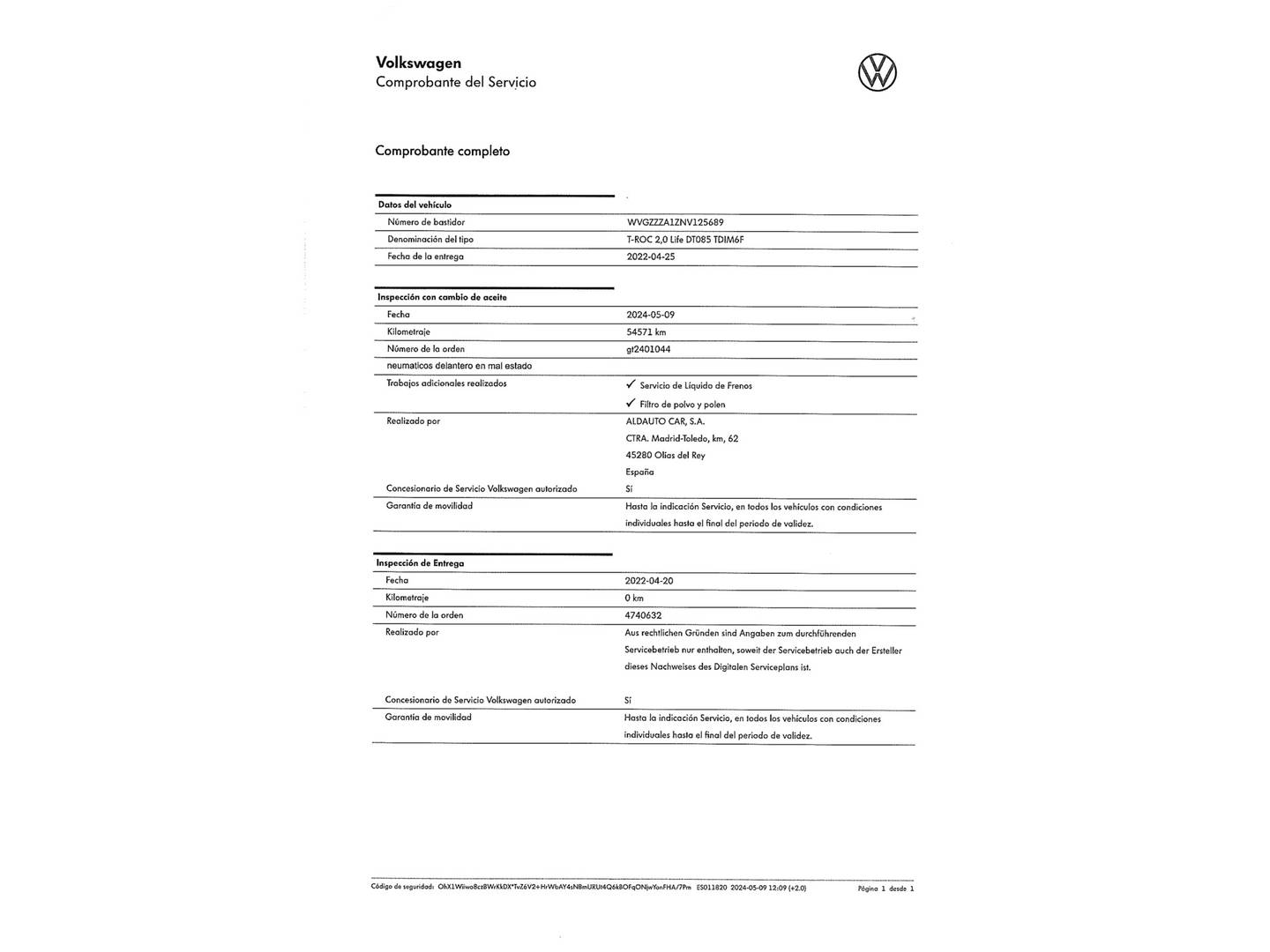 Foto del mantenimiento del Volkswagen T-Roc Volkswagen T-Roc Life 2.0 TDI (115 CV)