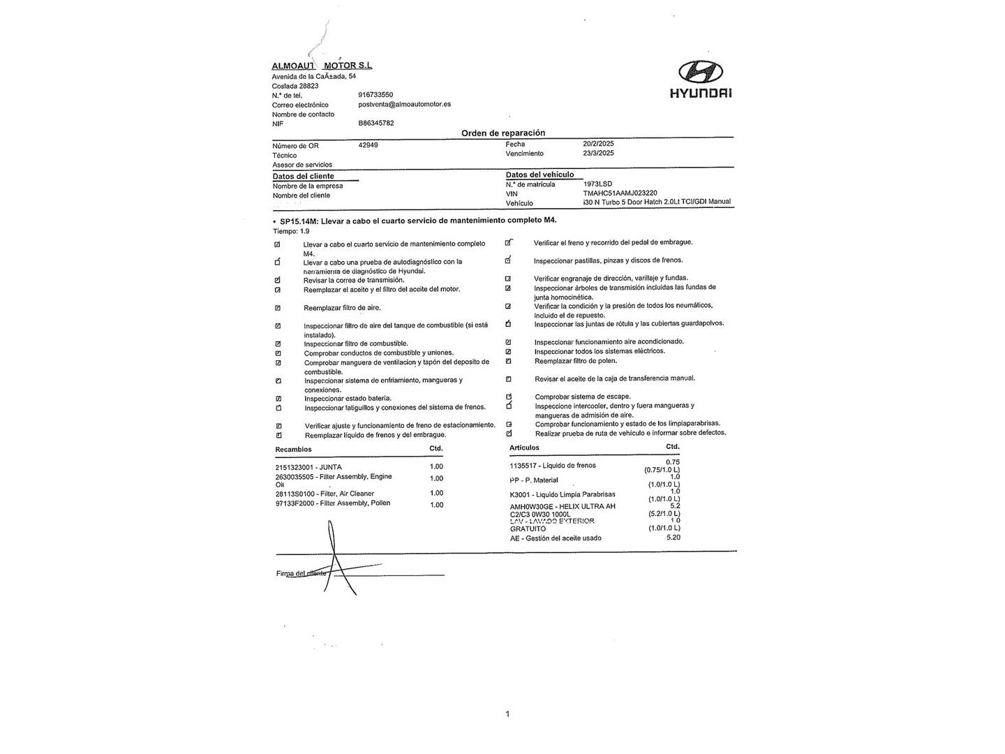 Foto del mantenimiento del Hyundai i30 Hyundai i30 2.0 TGDI N (250 CV)