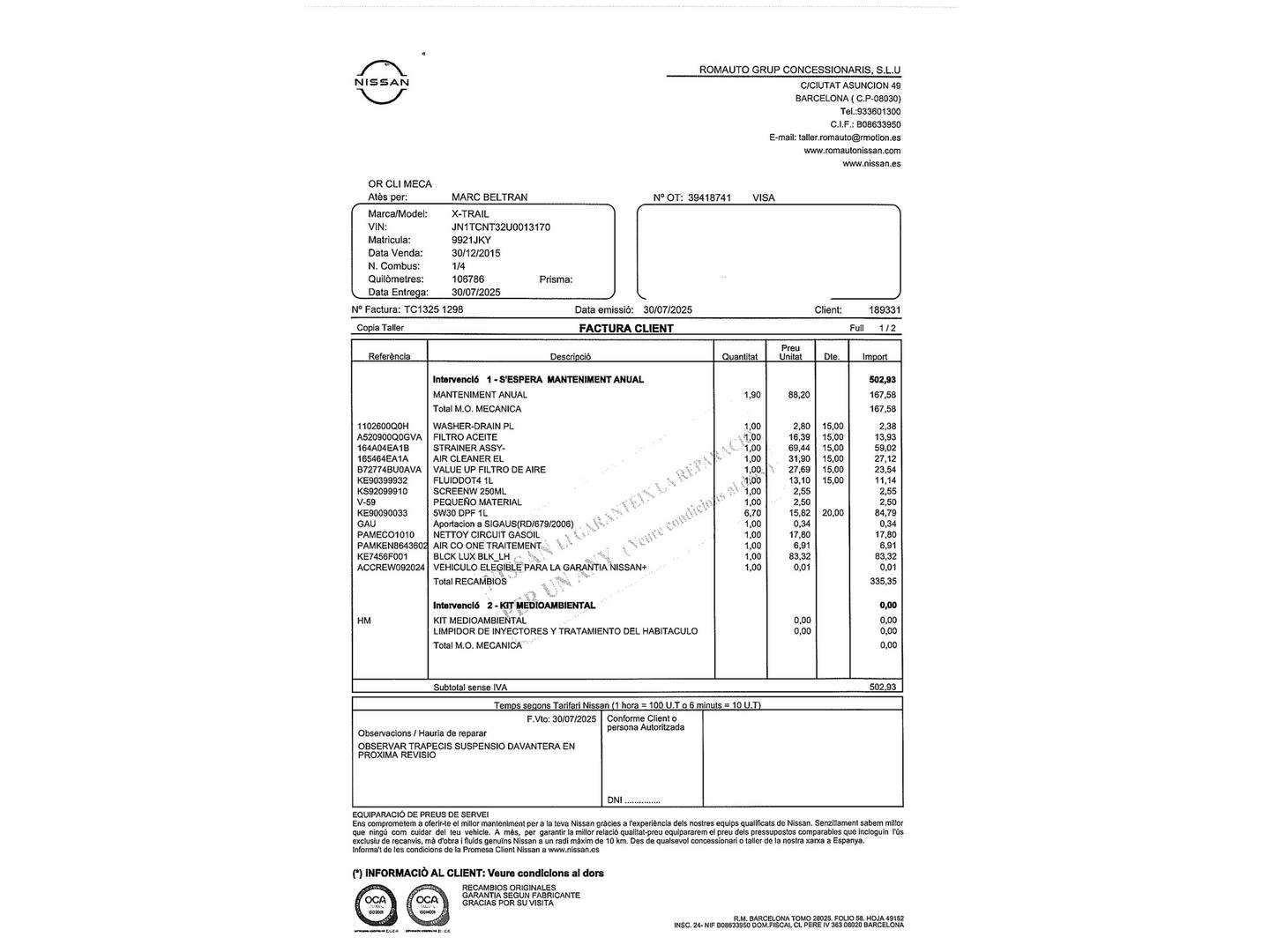 Foto del mantenimiento del Nissan X-TRAIL Nissan X-Trail dCi 130 Tekna 4x4-i (130 CV)