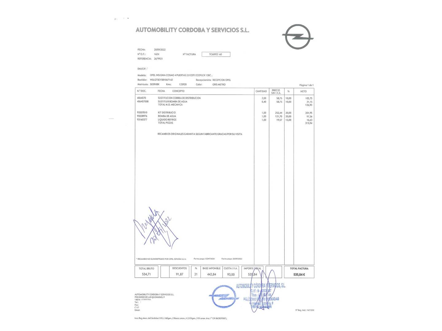 Foto del mantenimiento del Opel Insignia Opel Insignia 2.0 CDTI ecoFLEX Cosmo (130 CV)