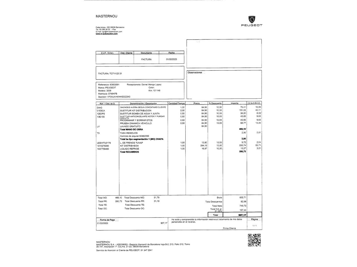 Foto del mantenimiento del Peugeot 3008 Peugeot 3008 BlueHDi 150 S&S GT Line (150 CV)