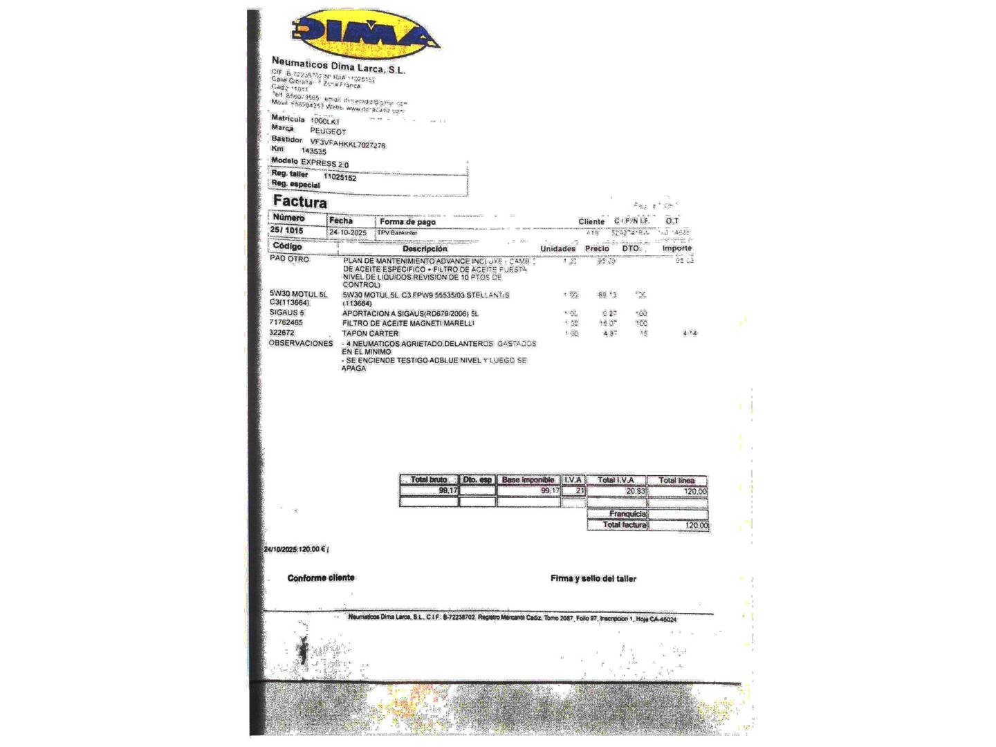 Foto del mantenimiento del Peugeot Expert Peugeot Expert Furgon BlueHDi 120 S&S Pro Standard (120 CV)