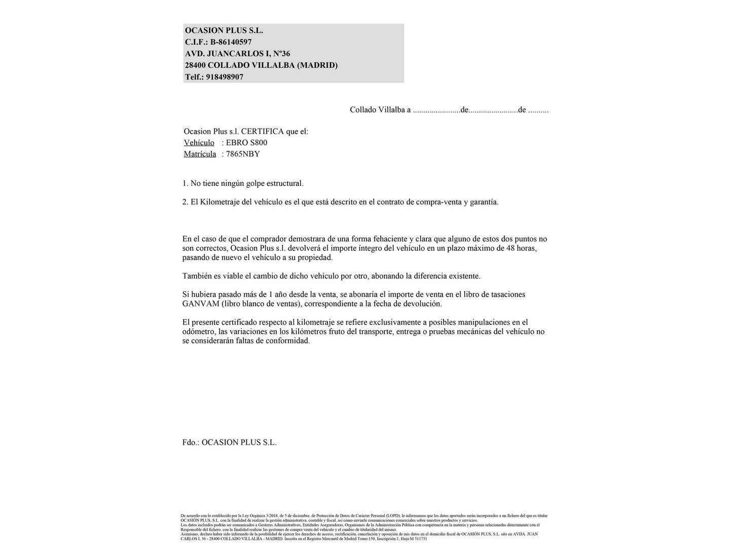 Foto del certificado del EBRO S800 EBRO S800 1.6 TGDI Premium DCT (147 CV) 7 Plazas