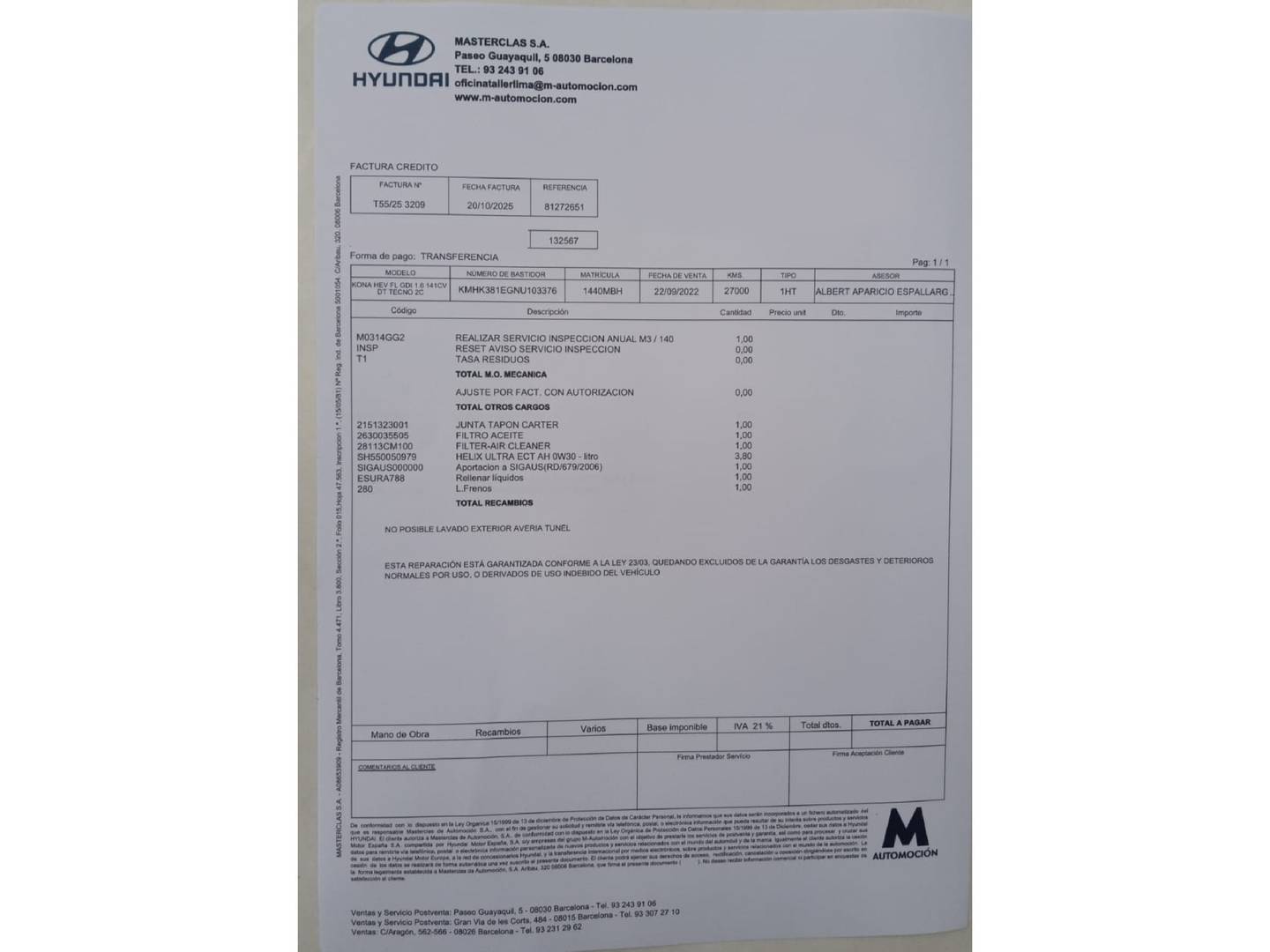 Foto del mantenimiento del Hyundai Kona Hyundai Kona 1.6 GDI HEV Tecno 2C DCT (141 CV)