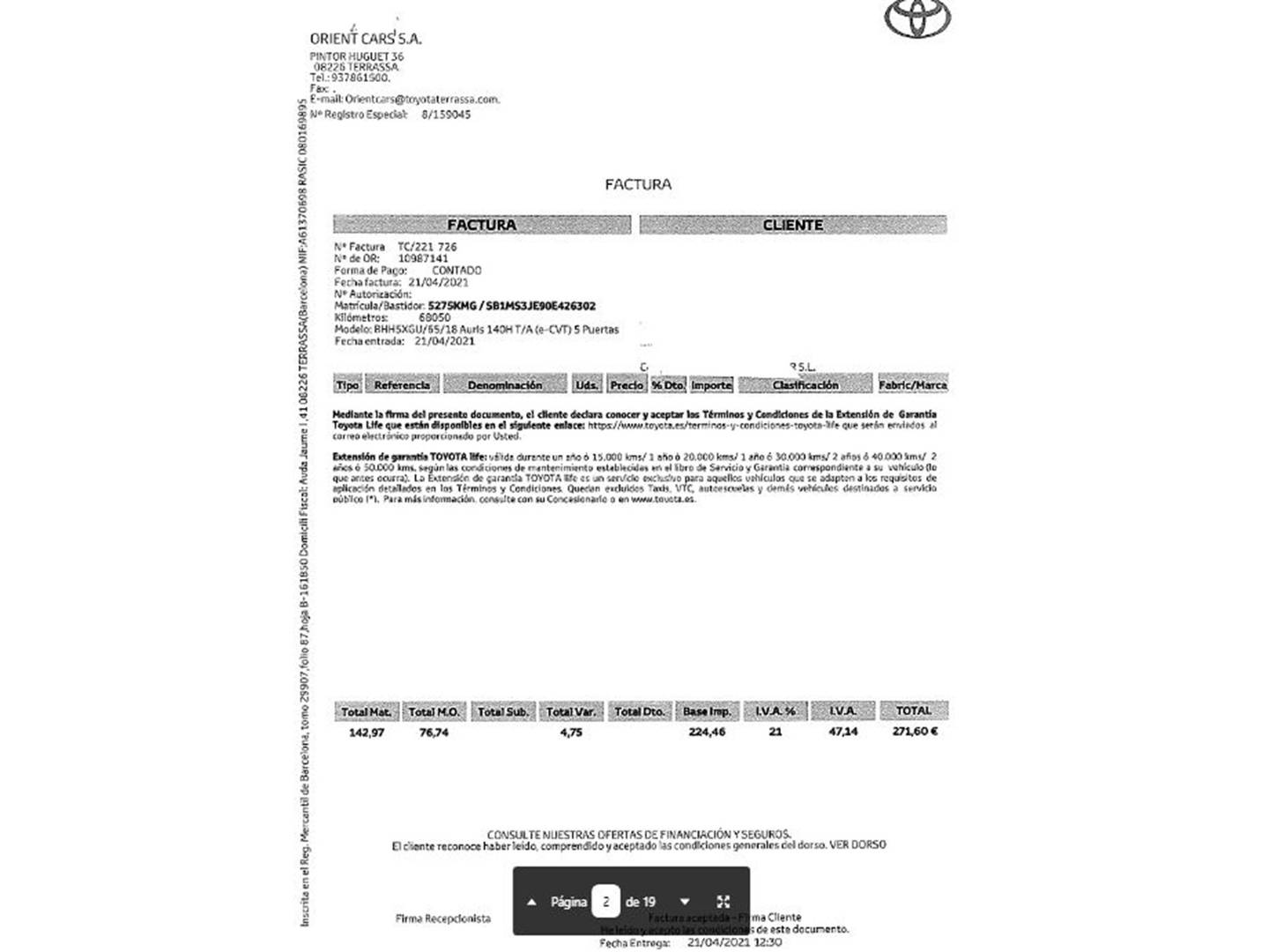 Foto del mantenimiento del Toyota Auris Toyota Auris 1.8 140H Hybrid Feel! Edition