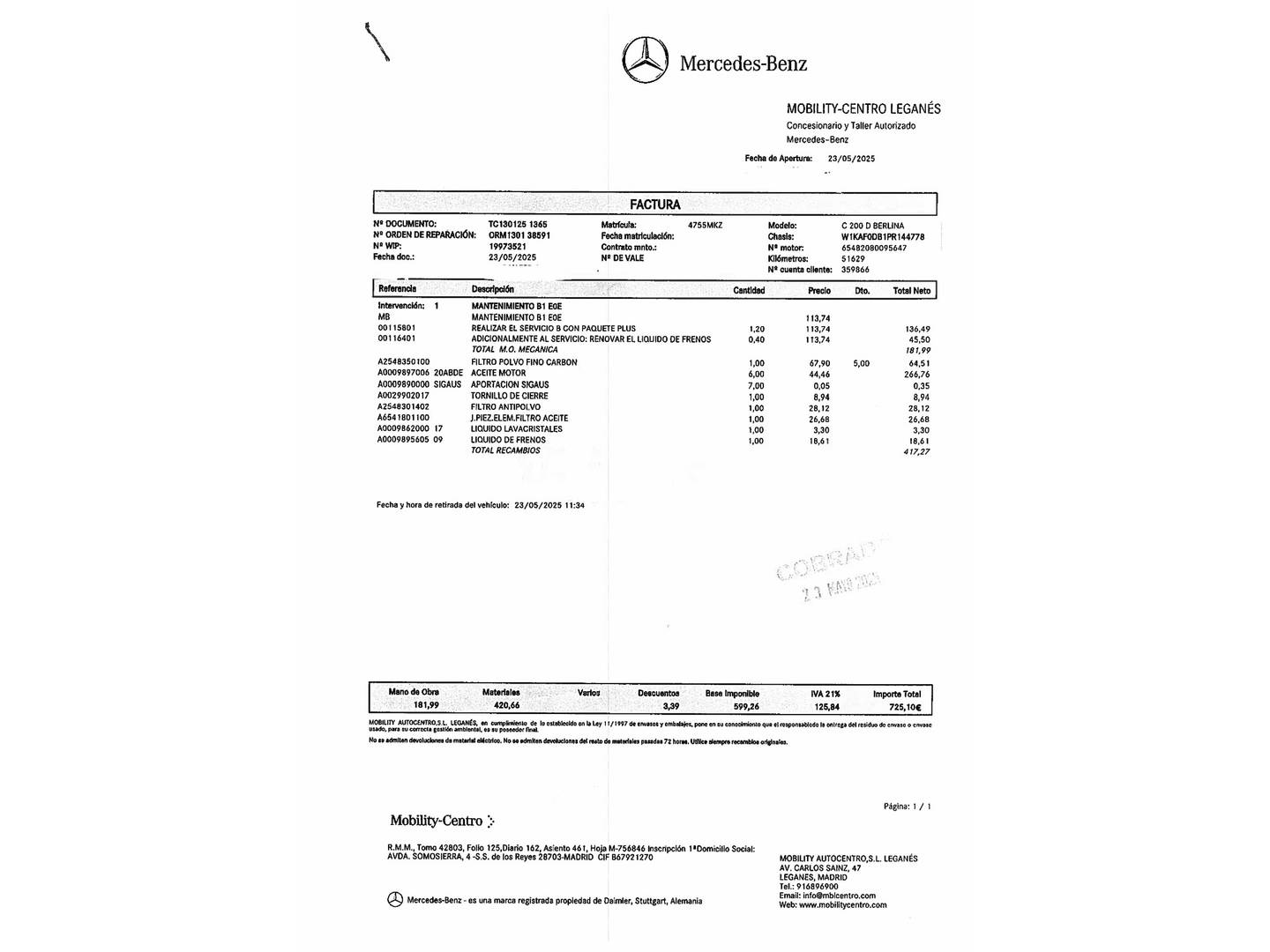 Foto del mantenimiento del Mercedes Clase C Mercedes Clase C 200 d (163 CV) Pack AMG
