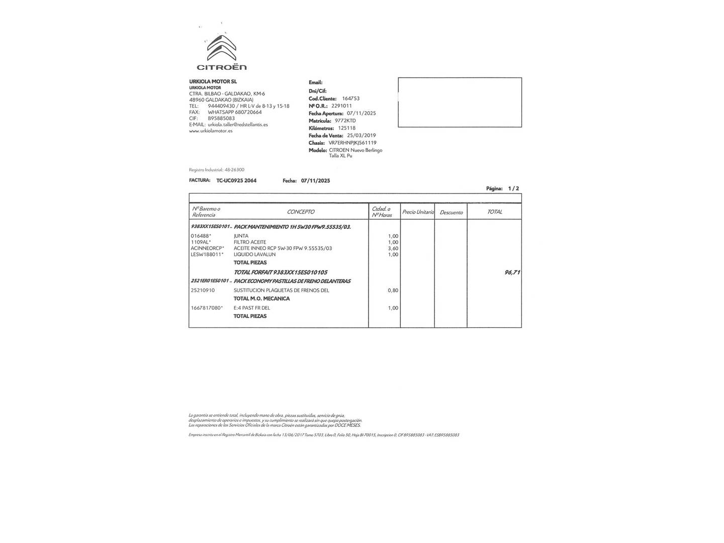 Foto del mantenimiento del Citroën Berlingo Citroën Berlingo PureTech 110 S&S Talla XL Shine (110 CV)