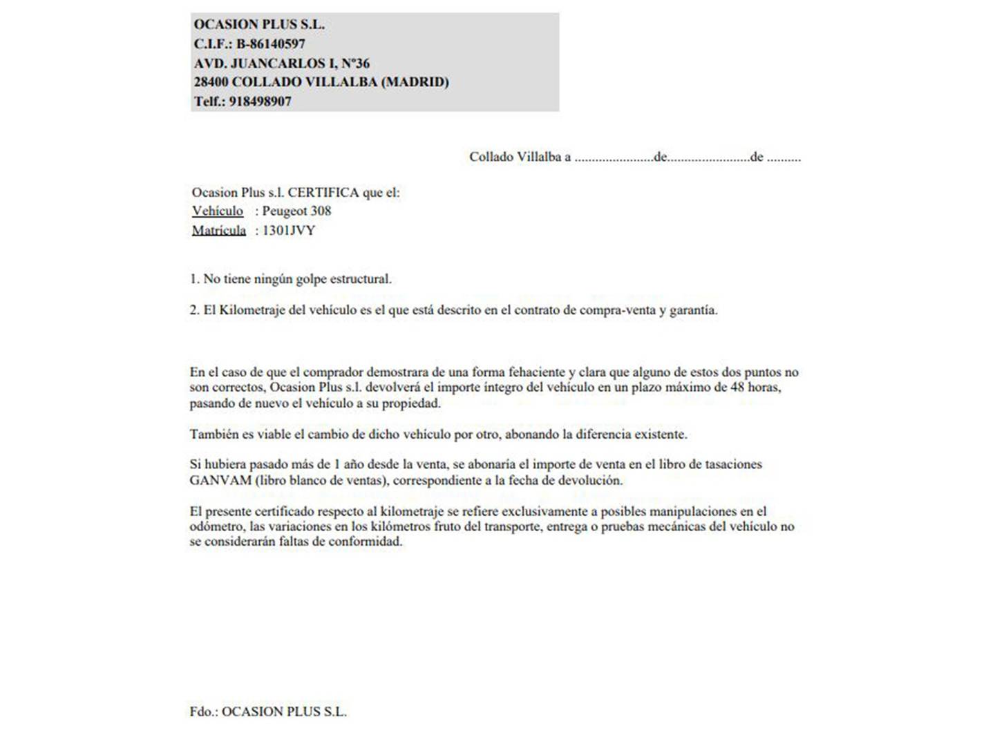Foto del certificado del Peugeot 308 Peugeot 308 PureTech 130 S&S Allure (130 CV)