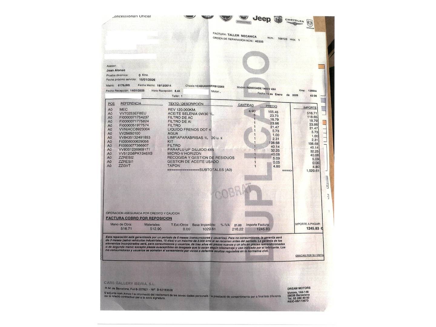 Foto del mantenimiento del Jeep Renegade Jeep Renegade 2.0 Multijet Limited Active Drive 4x4 (140 CV)