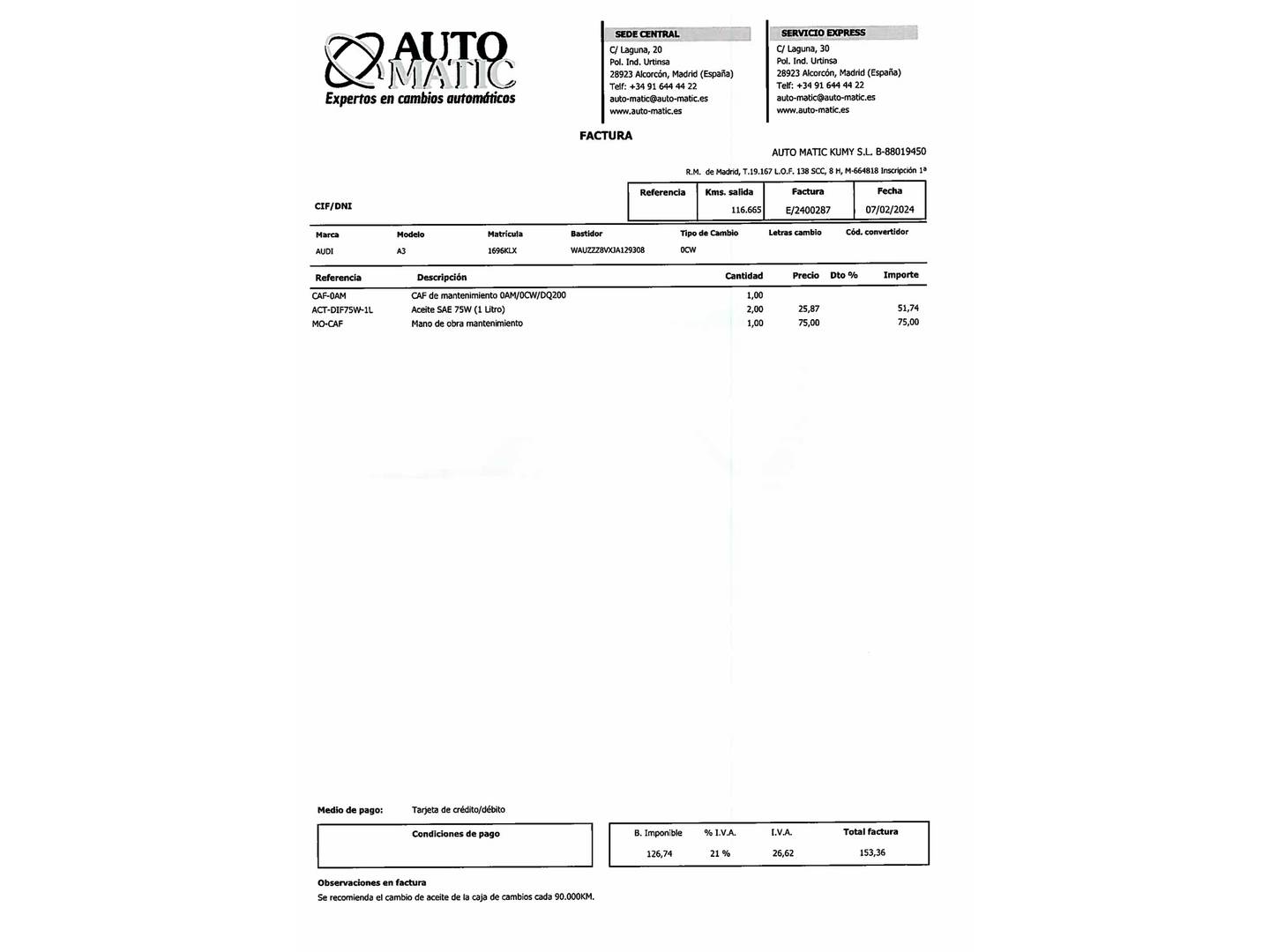 Foto del mantenimiento del Audi A3 Audi A3 Sportback S line edition 1.6 TDI (116 CV) S tronic