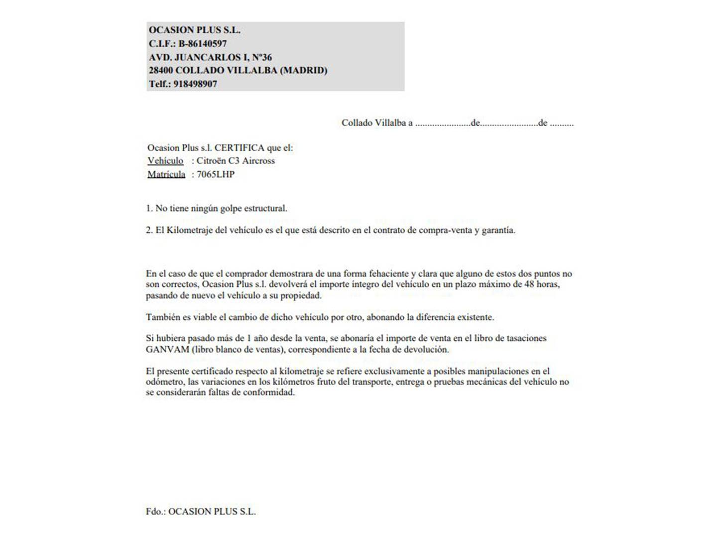 Foto del certificado del Citroën C3 Aircross Citroën C3 Aircross PureTech 110 S&S Feel (110 CV)